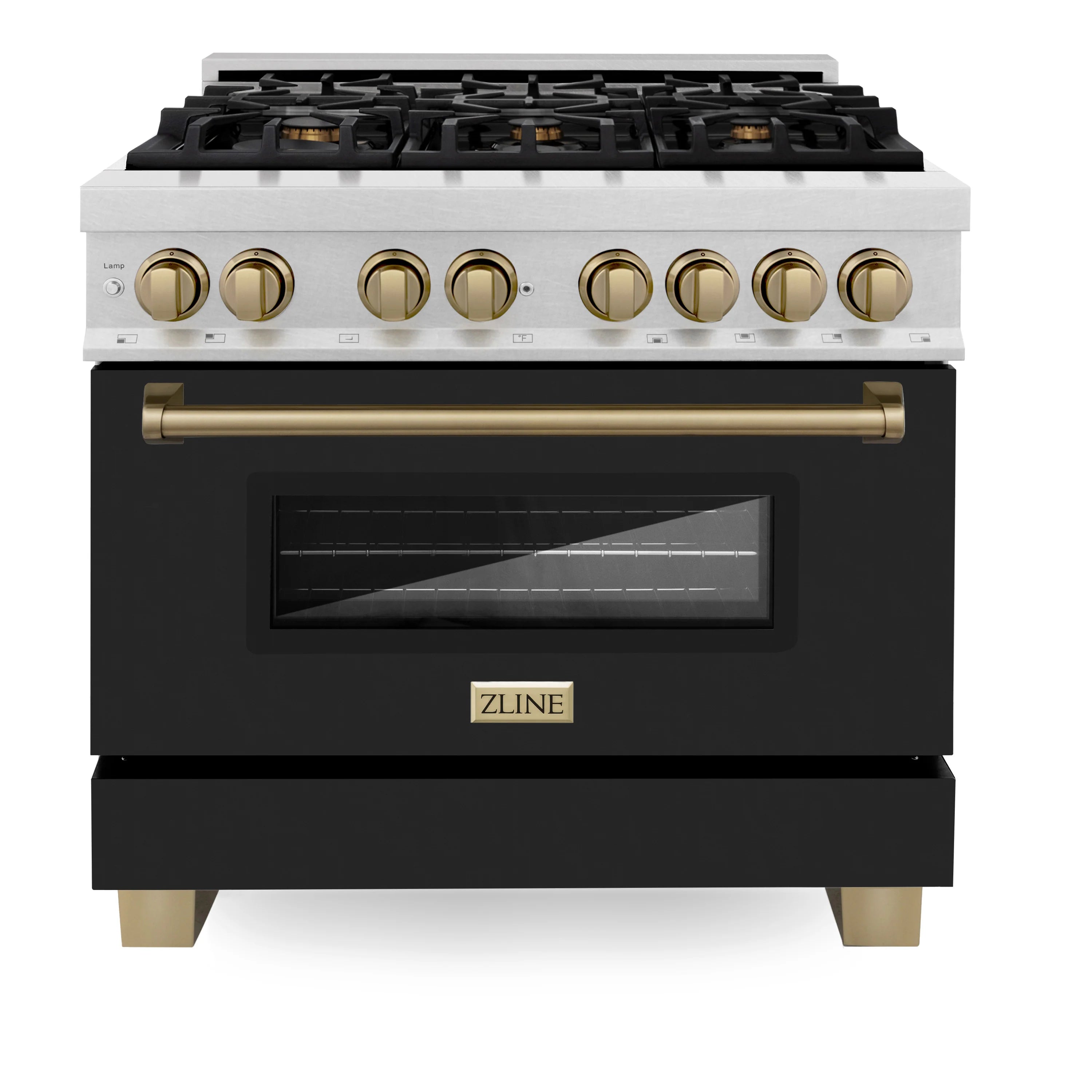 ZLINE Legacy Series Autograph Edition 36-inch Dual Fuel Range with Gas Stove and 4.6 Cu. Ft. Electric Oven in Fingerprint Resistant Fingerprint Resistant DuraSnow® Stainless Steel with Black Matte Door and Champagne Bronze Accents (RASZ-BLM-36-CB) image 1
