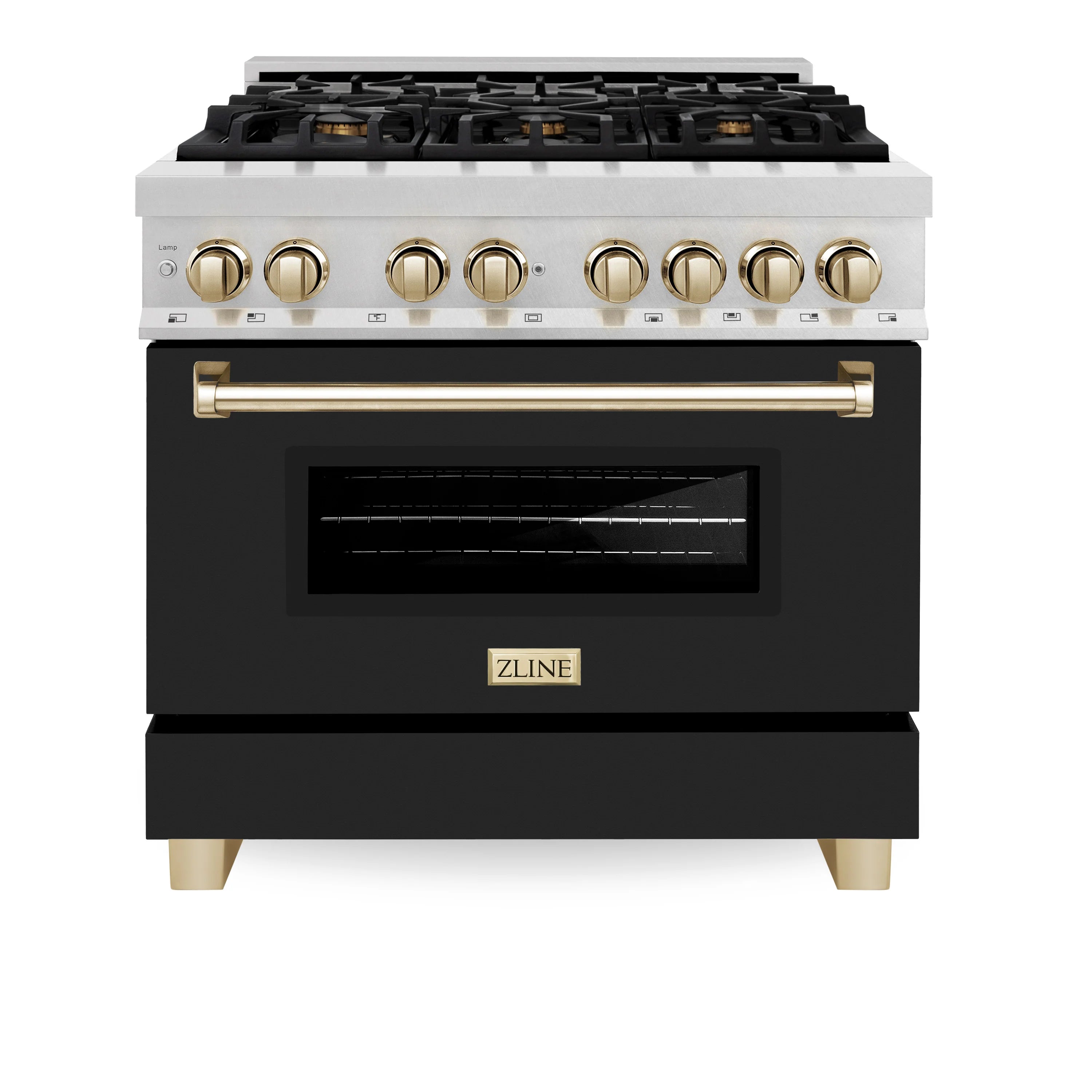 ZLINE Legacy Series Autograph Edition 36-inch Dual Fuel Range with Gas Stove and 4.6 Cu. Ft. Electric Oven in Fingerprint Resistant Fingerprint Resistant DuraSnow® Stainless Steel with Black Matte Door and Polished Gold Accents (RASZ-BLM-36-G) image 1