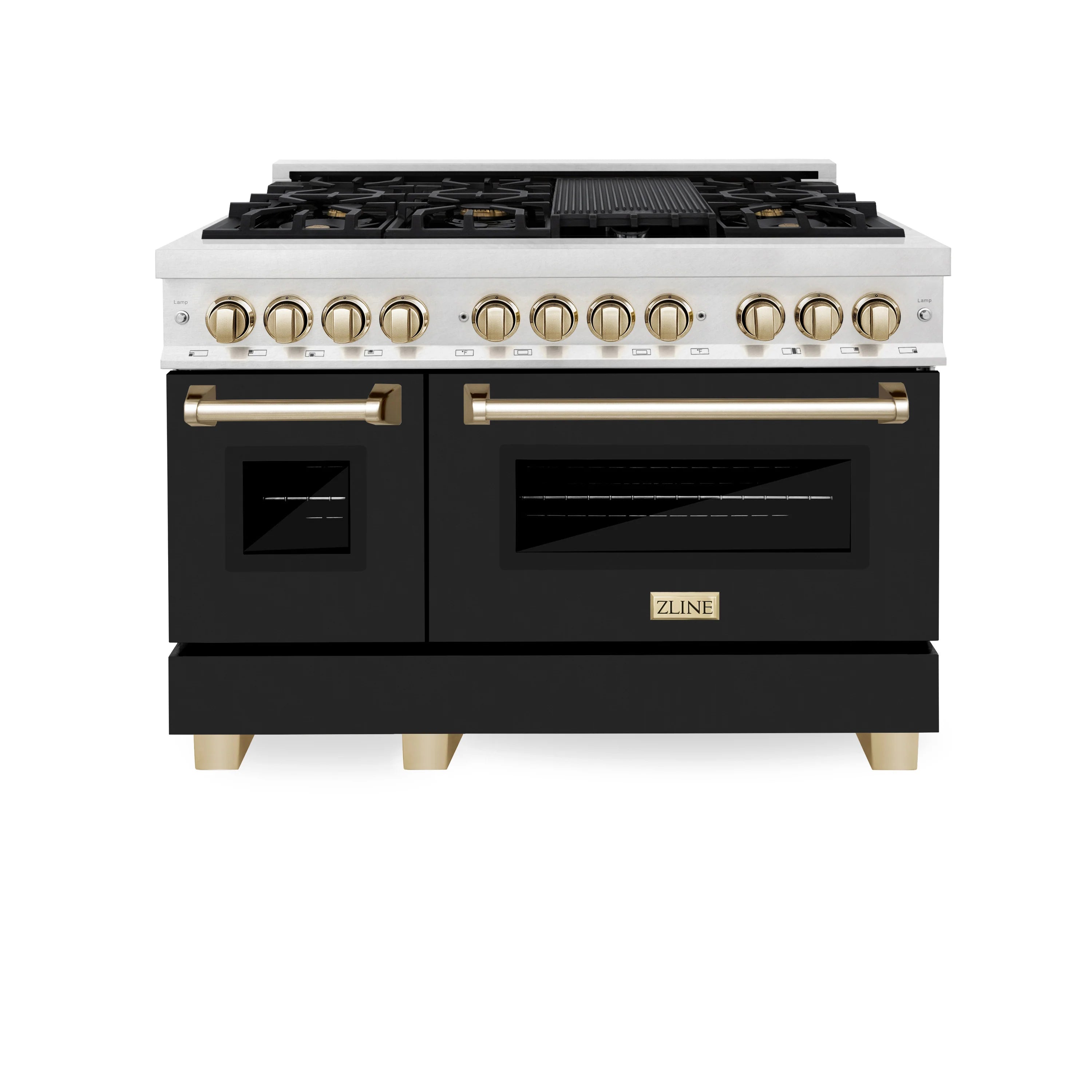 ZLINE Legacy Series Autograph Edition 48-inch Dual Fuel Range with Gas Stove and 6.0 Cu. Ft. Electric Oven in Fingerprint Resistant DuraSnow® Stainless Steel with Black Matte Door and Polished Gold Accents (RASZ-BLM-48-G) image 1