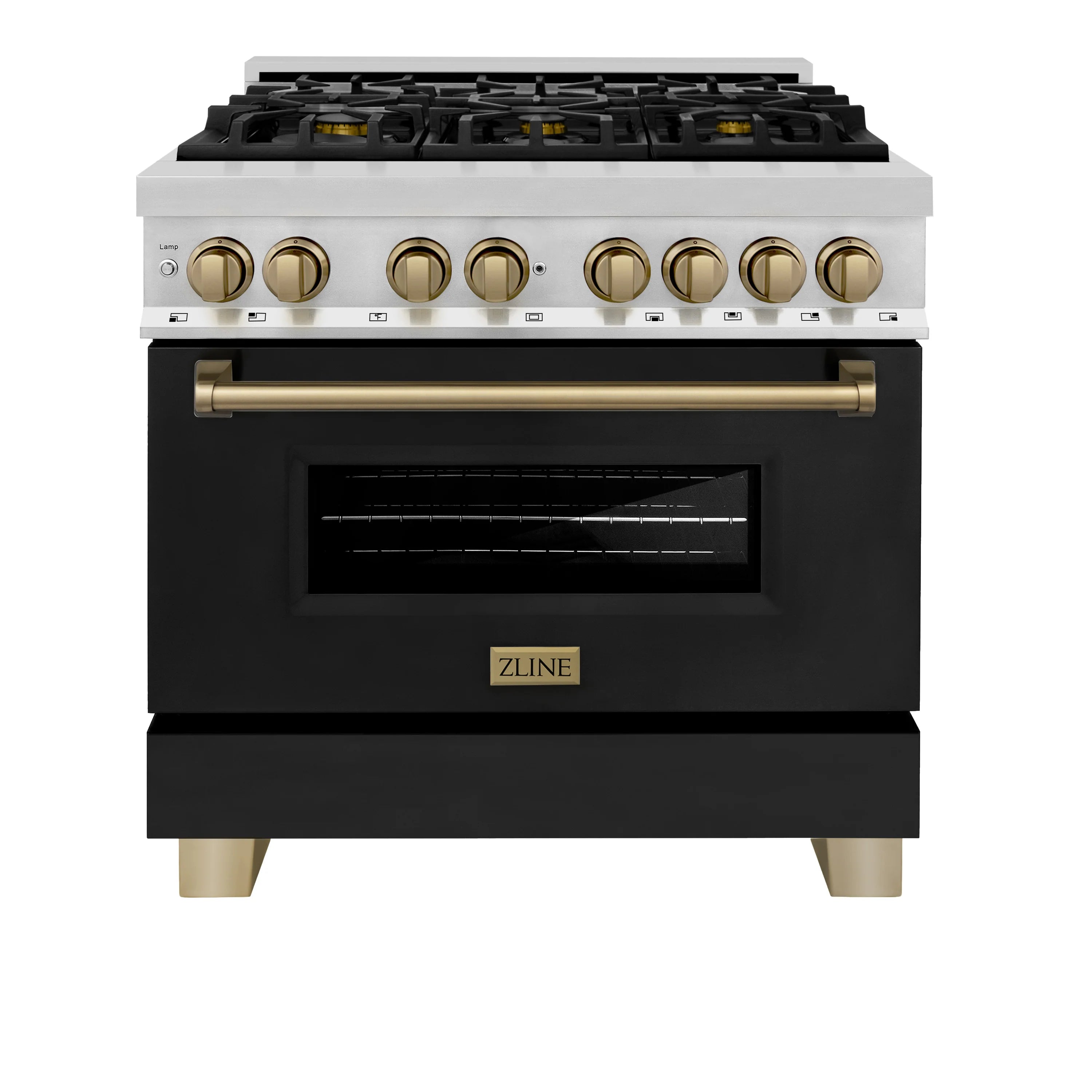 ZLINE Legacy Series Autograph Edition 36-inch Dual Fuel Range with Gas Stove and 4.6 Cu. Ft. Electric Oven in Stainless Steel with Black Matte Door and Champagne Bronze Accents (RAZ-BLM-36-CB) image 1