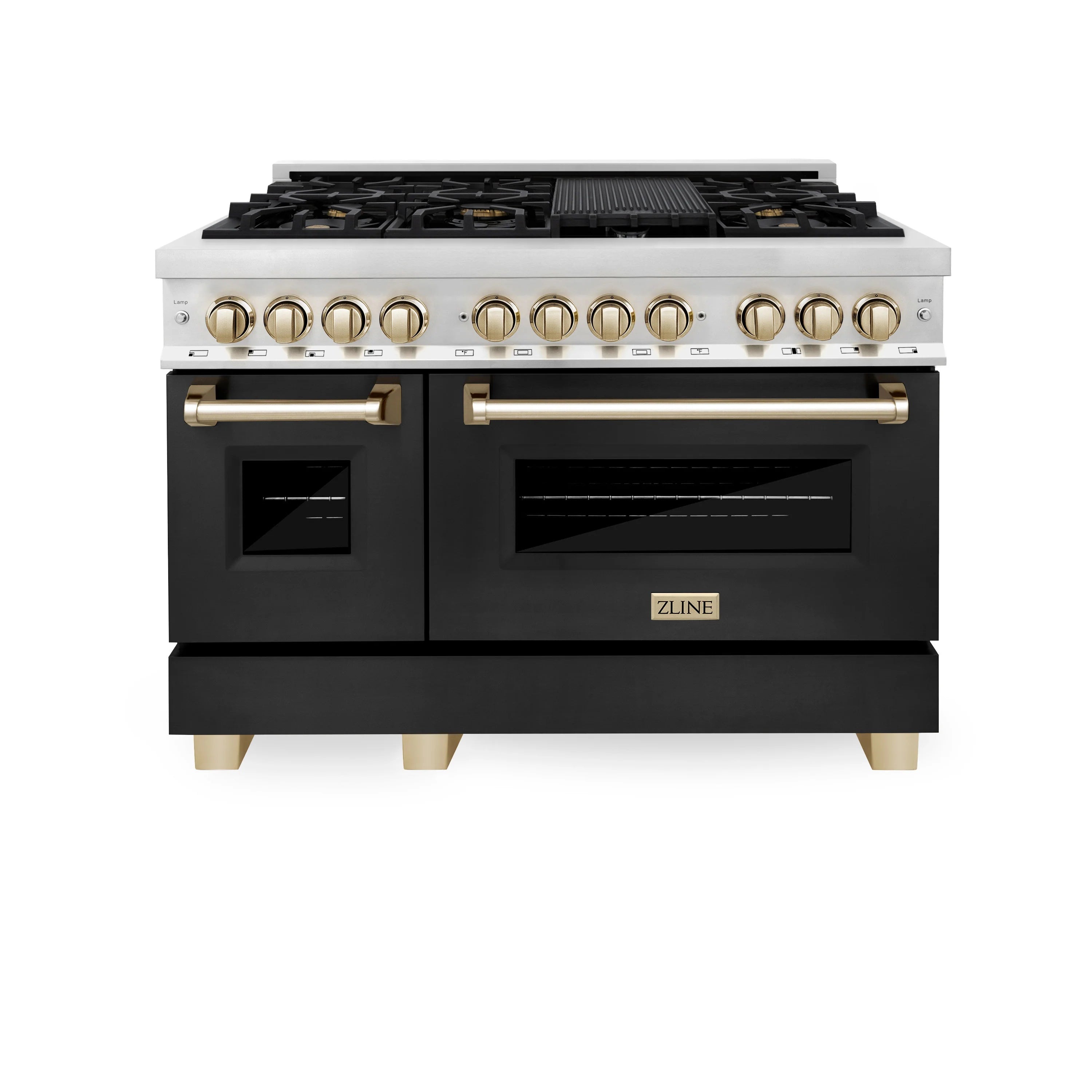 ZLINE Legacy Series Autograph Edition 48-inch Dual Fuel Range with Gas Stove and 6.0 Cu. Ft. Electric Oven in Stainless Steel with Black Matte Door and Polished Gold Accents (RAZ-BLM-48-G) image 1