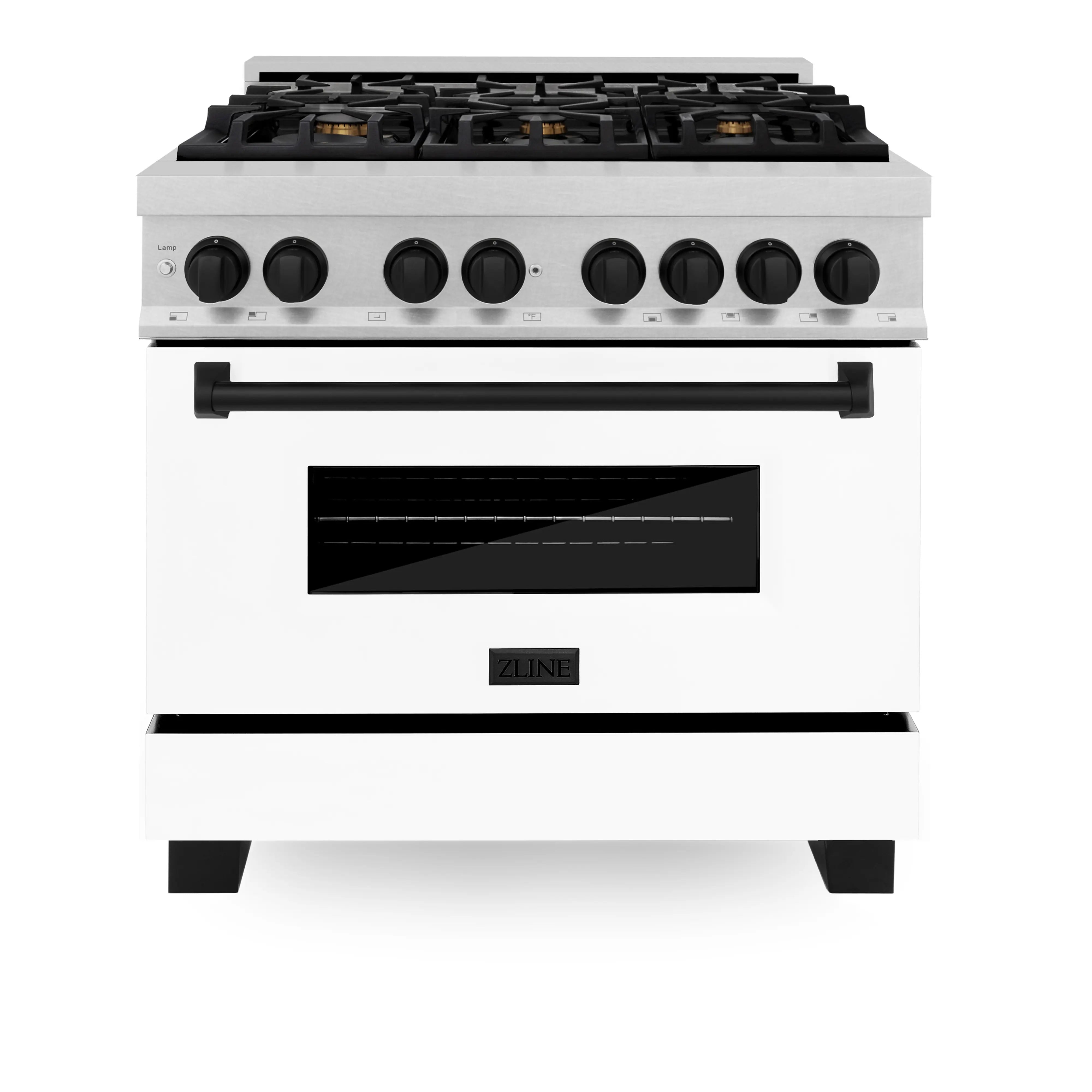 ZLINE Legacy Series Autograph Edition 36-inch Dual Fuel Range with Gas Stove and 4.6 Cu. Ft. Electric Oven in Fingerprint Resistant Satin Stainless Steel with White Matte Door and Matte Black Accents (RASZ-WM-36-MB) image 1