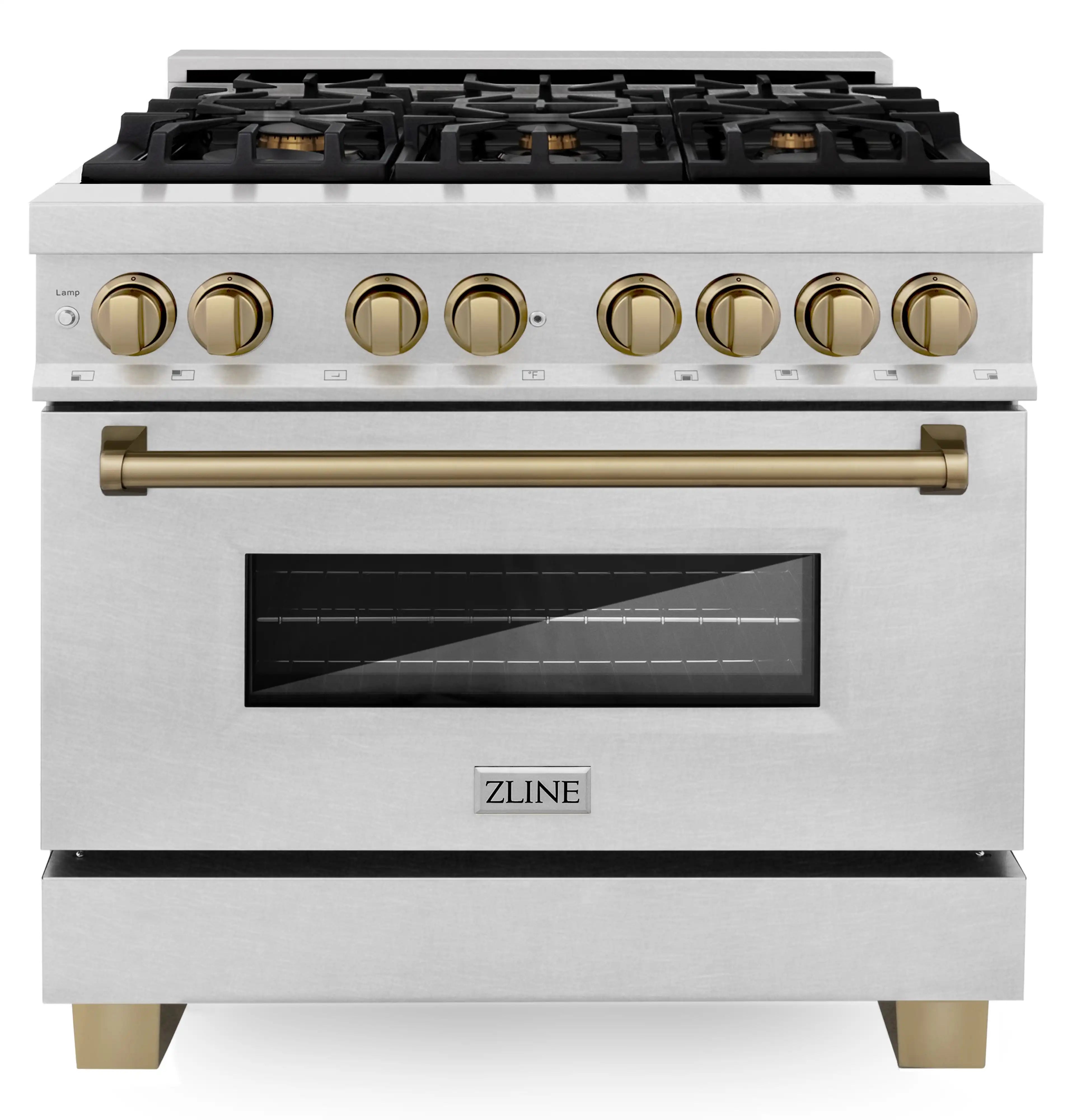 ZLINE Legacy Series Autograph Edition 36-inch Dual Fuel Range with Gas Stove and 4.6 Cu. Ft. Electric Oven in Fingerprint Resistant Satin Stainless Steel with Champagne Bronze Accents (RASZ-SN-36-CB) image 1