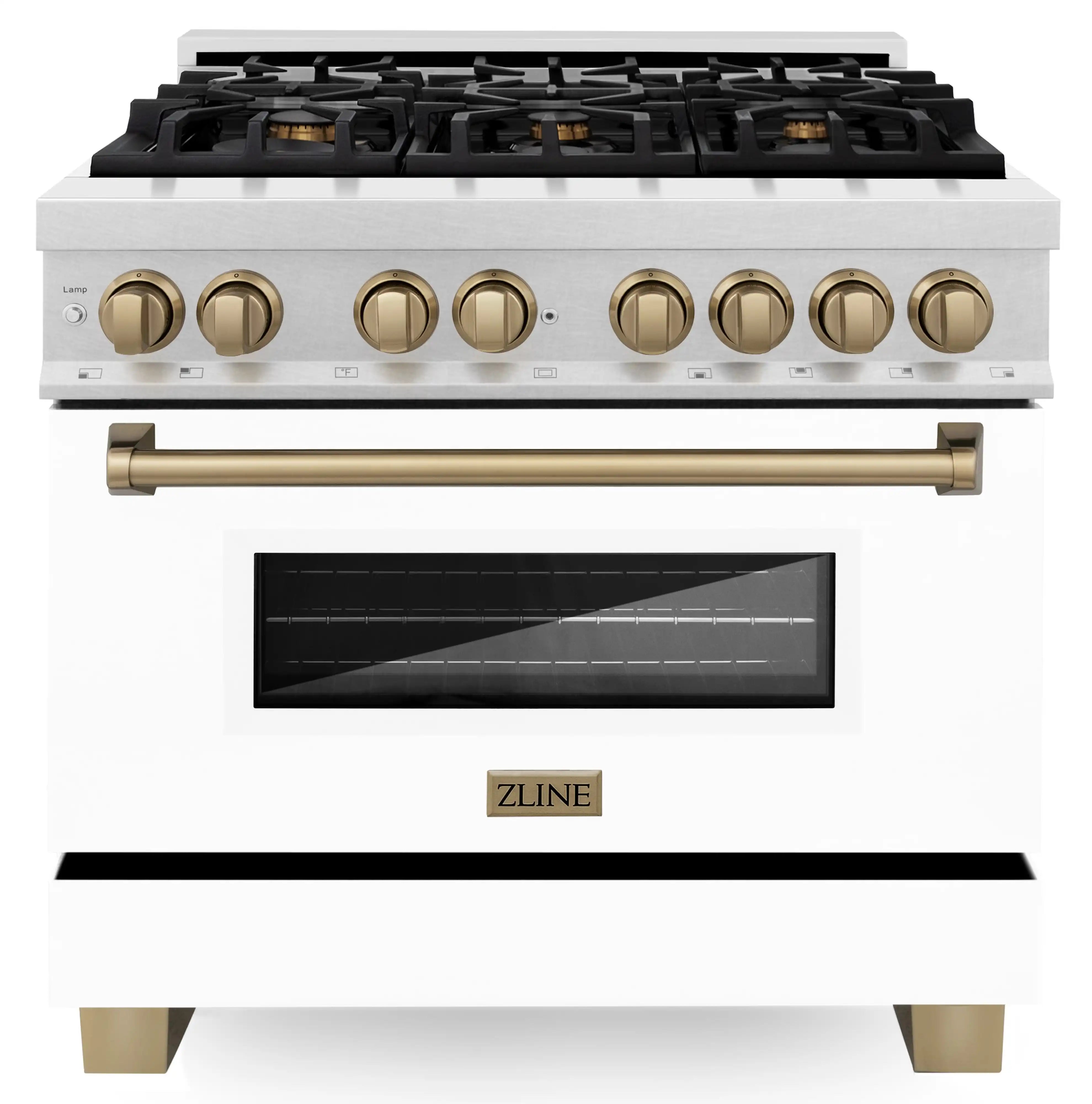 ZLINE Legacy Series Autograph Edition 36-inch Dual Fuel Range with Gas Stove and 4.6 Cu. Ft. Electric Oven in Fingerprint Resistant Satin Stainless Steel with White Matte Door and Champagne Bronze Accents (RASZ-WM-36-CB) image 1