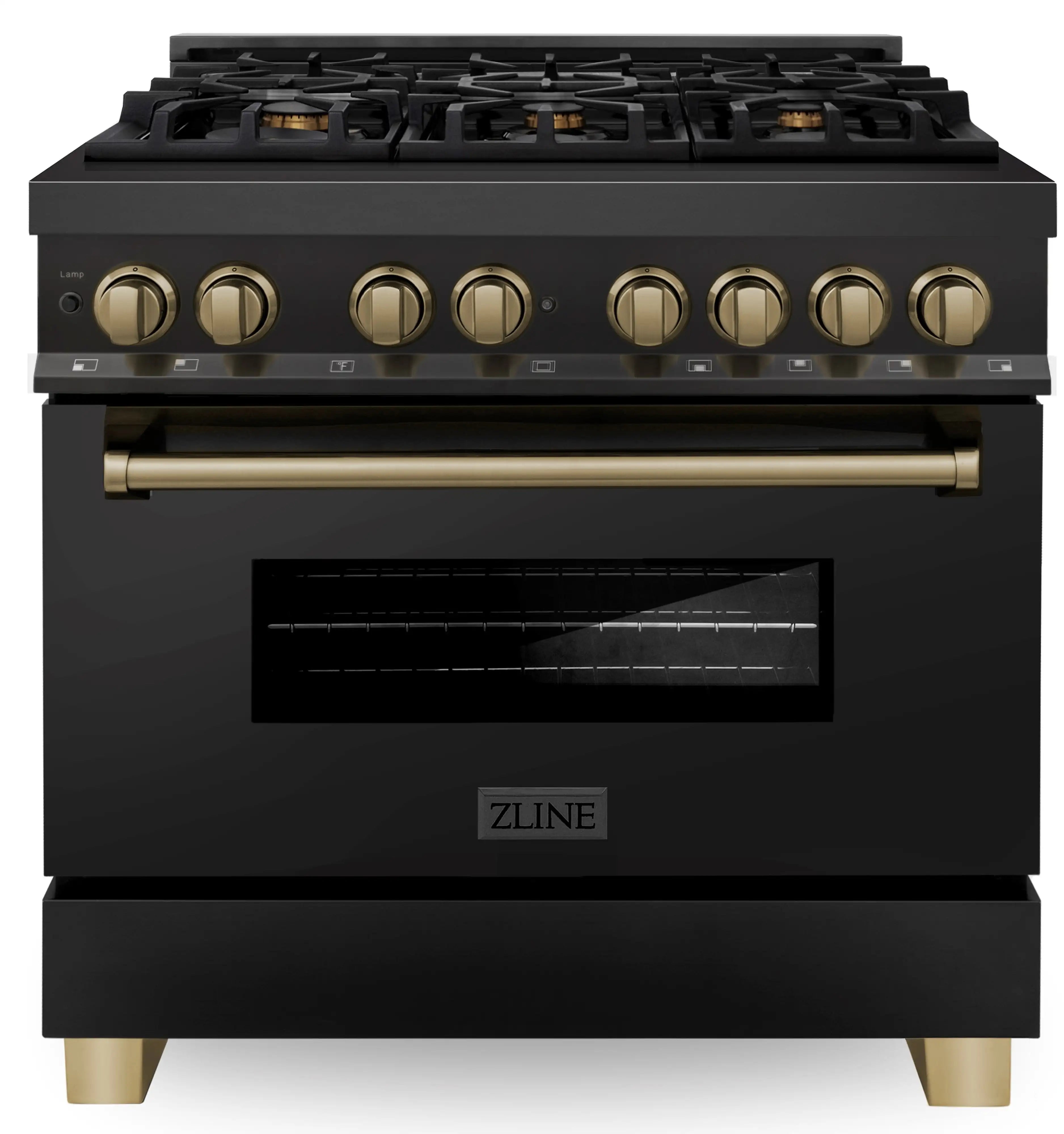 ZLINE Legacy Series Autograph Edition 36-inch Dual Fuel Range with 6 Gas Burner Stove and 4.6 Cu. Ft. Electric Oven in Black Stainless Steel with Champagne Bronze Accents (RABZ-36-CB) image 1