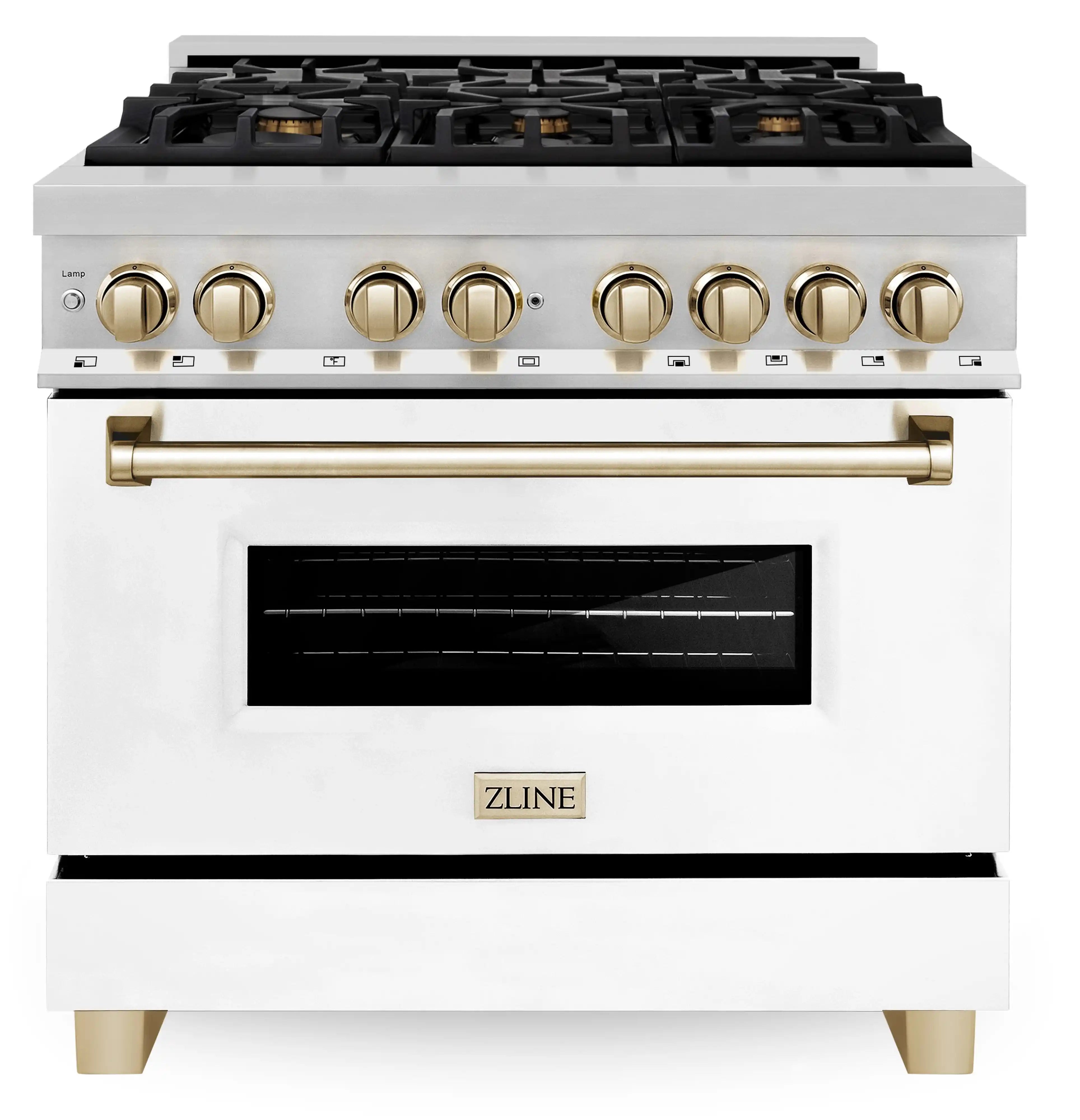 ZLINE Legacy Series Autograph Edition 36-inch Dual Fuel Range with Gas Stove and 4.6 Cu. Ft. Electric Oven in Stainless Steel with White Matte Door and Gold Accents (RAZ-WM-36-G) image 1
