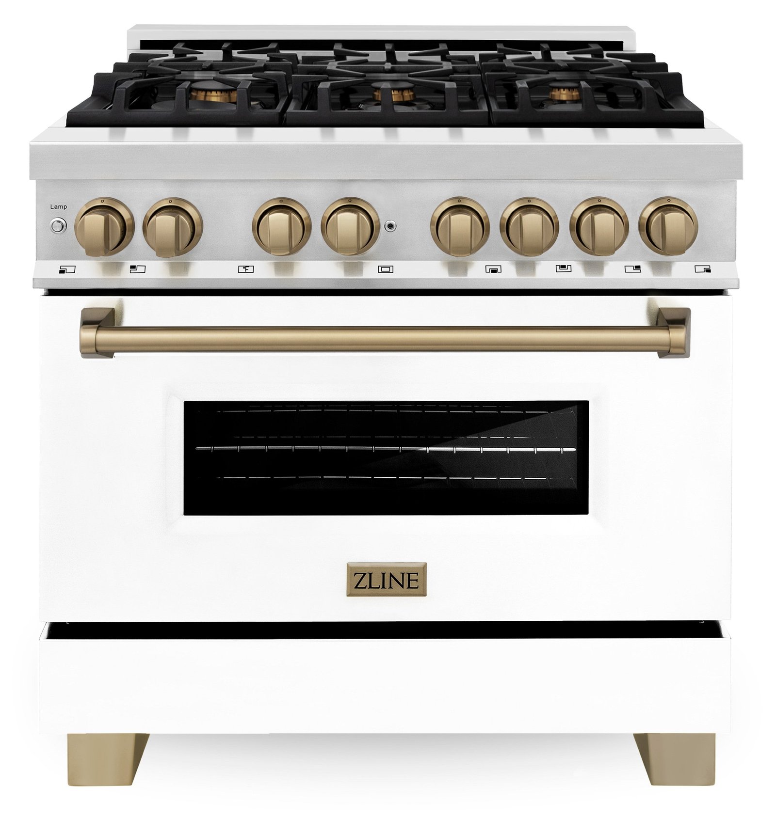 ZLINE Legacy Series Autograph Edition 36-inch Dual Fuel Range with Gas Stove and 4.6 Cu. Ft. Electric Oven in Stainless Steel with White Matte Door and Champagne Bronze Accents (RAZ-WM-36-CB) image 1