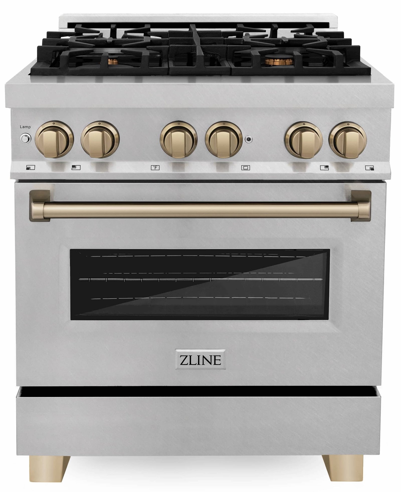 ZLINE Legacy Series Autograph Edition 30-inch Dual Fuel Range with Gas Stove and 4.0 Cu. Ft. Electric Oven in Fingerprint Resistant Satin Stainless Steel with Champagne Bronze Accents (RASZ-SN-30-CB) image 1