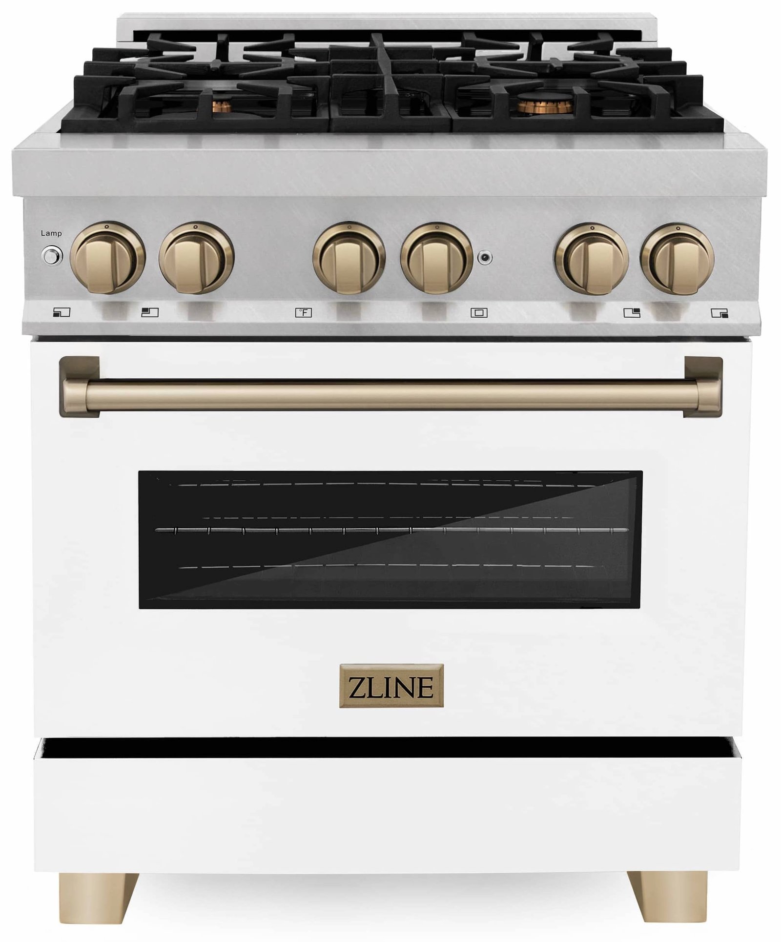 ZLINE Legacy Series Autograph Edition 30-inch Dual Fuel Range with Gas Stove and 4.0 Cu. Ft. Electric Oven in Fingerprint Resistant Satin Stainless Steel with White Matte Door and Champagne Bronze Accents (RASZ-WM-30-CB) image 1