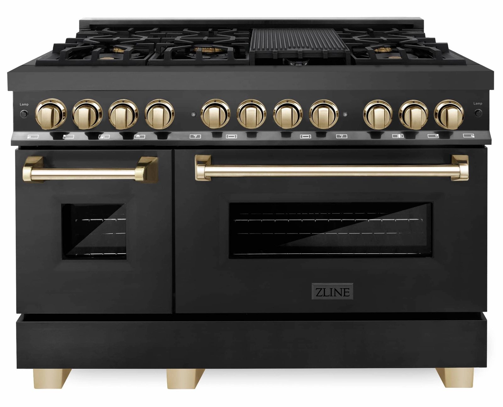 ZLINE Legacy Series Autograph Edition 48-inch Dual Fuel Range with 7 Gas Burner Stove and 6.0 Cu. Ft. Electric Oven in Black Stainless Steel with Gold Accents (RABZ-48-G) image 1