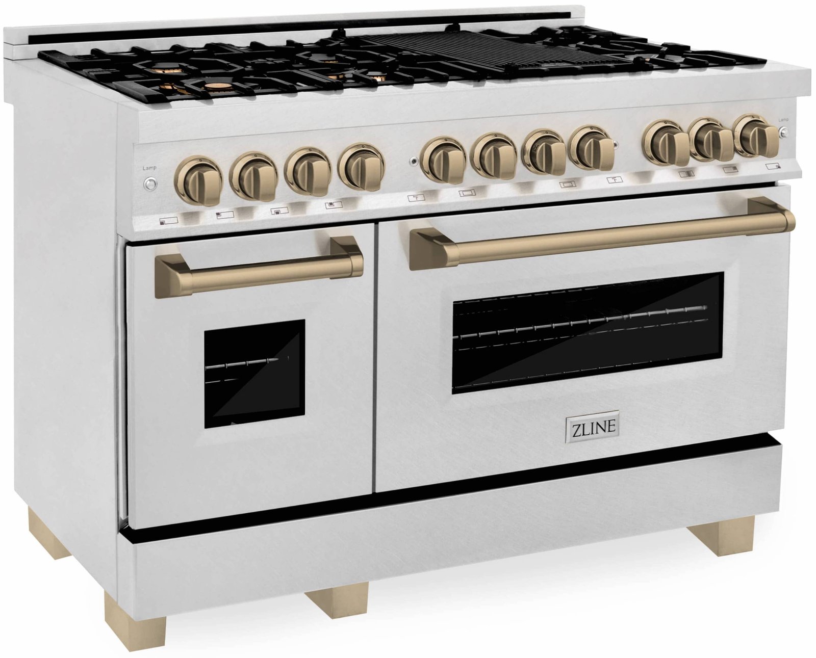 ZLINE Legacy Series Autograph Edition 48-inch Dual Fuel Range with Gas Stove and 6.0 Cu. Ft. Electric Oven in Fingerprint Resistant Satin Stainless Steel with Champagne Bronze Accents (RASZ-SN-48-CB) image 1