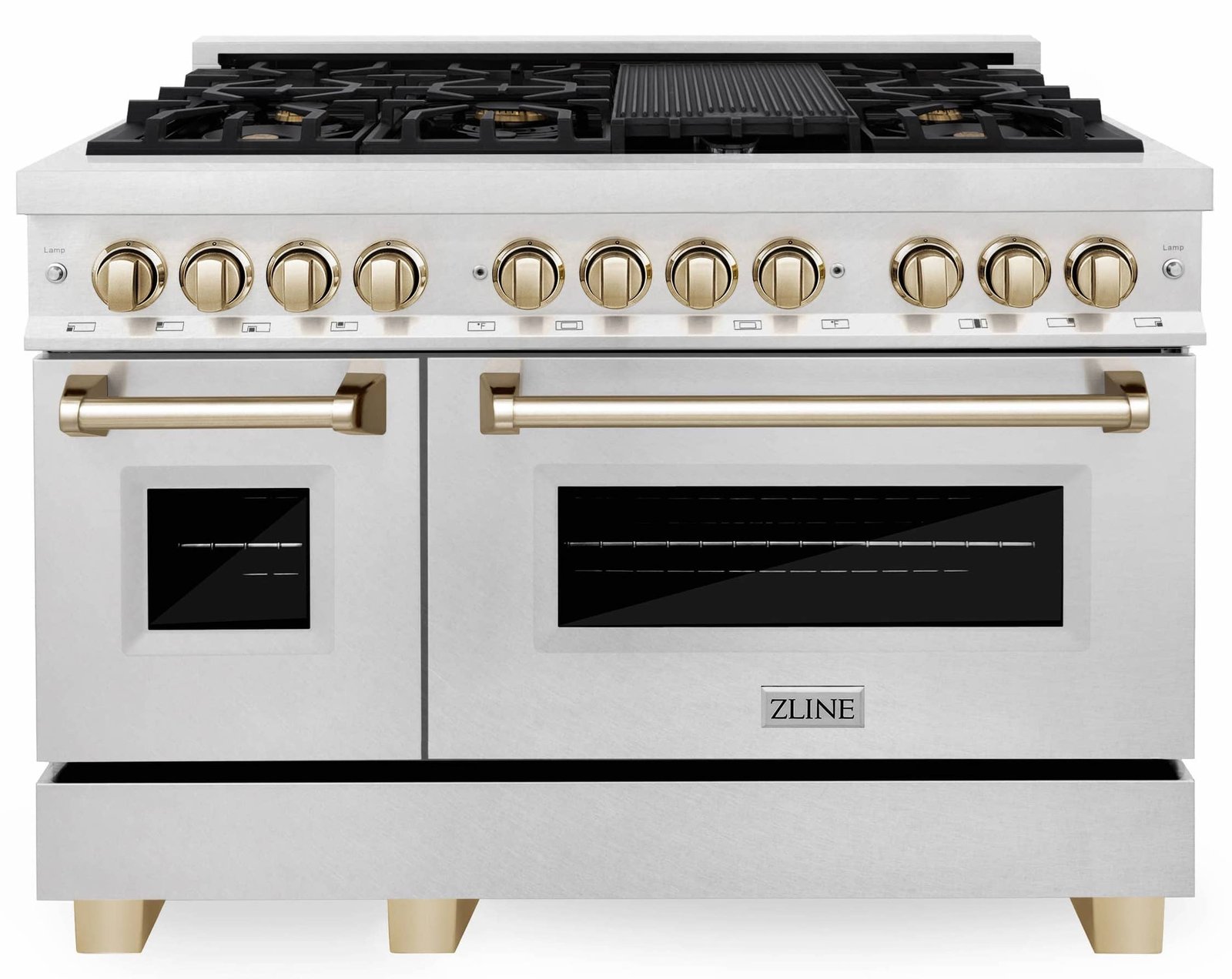 ZLINE Legacy Series Autograph Edition 48-inch Dual Fuel Range with Gas Stove and 6.0 Cu. Ft. Electric Oven in Fingerprint Resistant Satin Stainless Steel with Gold Accents (RASZ-SN-48-G) image 1