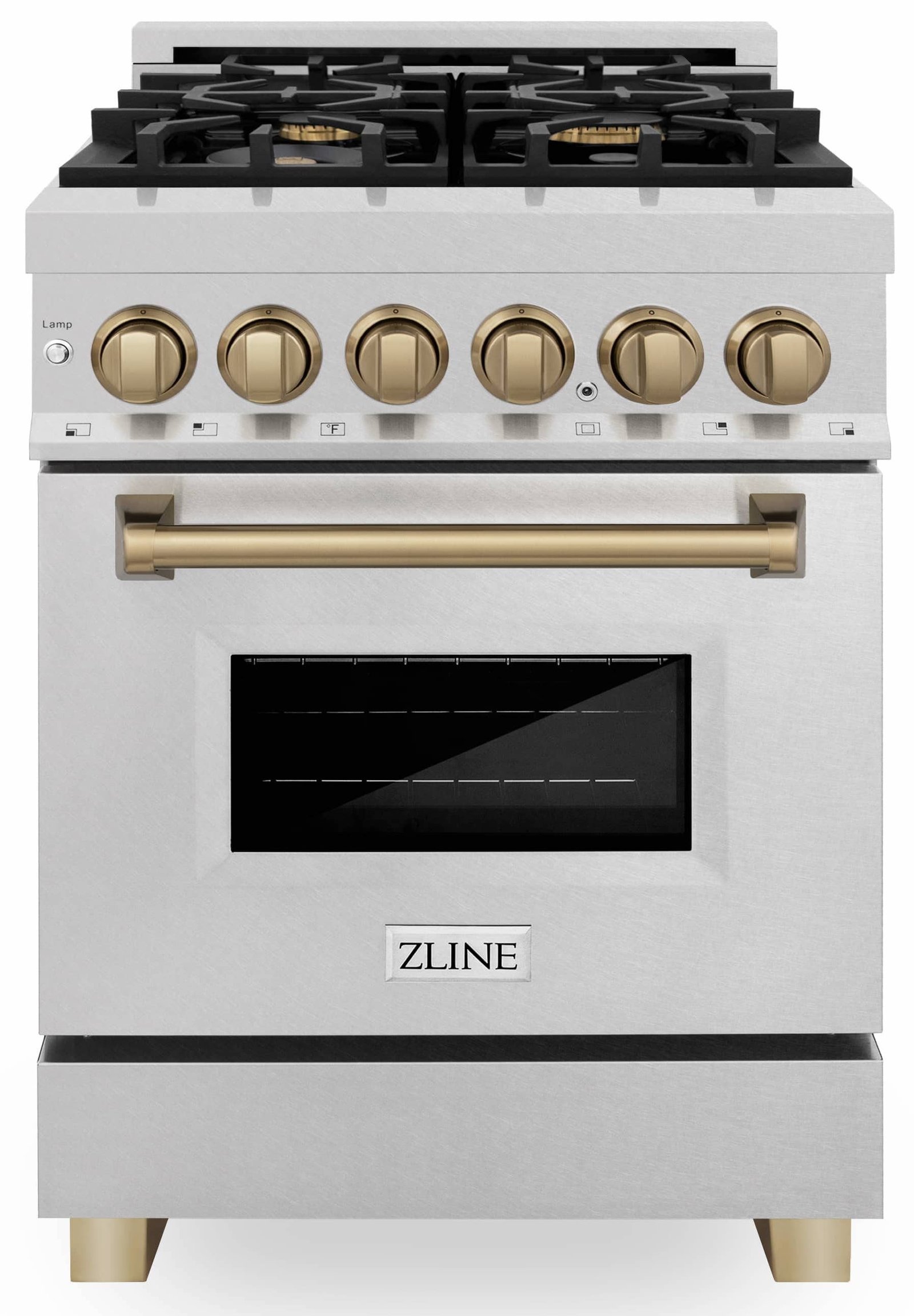 ZLINE Legacy Series Autograph Edition 24-inch Dual Fuel Range with Gas Stove and 2.8 Cu. Ft. Electric Oven in Fingerprint Resistant Satin Stainless Steel with Champagne Bronze Accents (RASZ-SN-24-CB) image 1