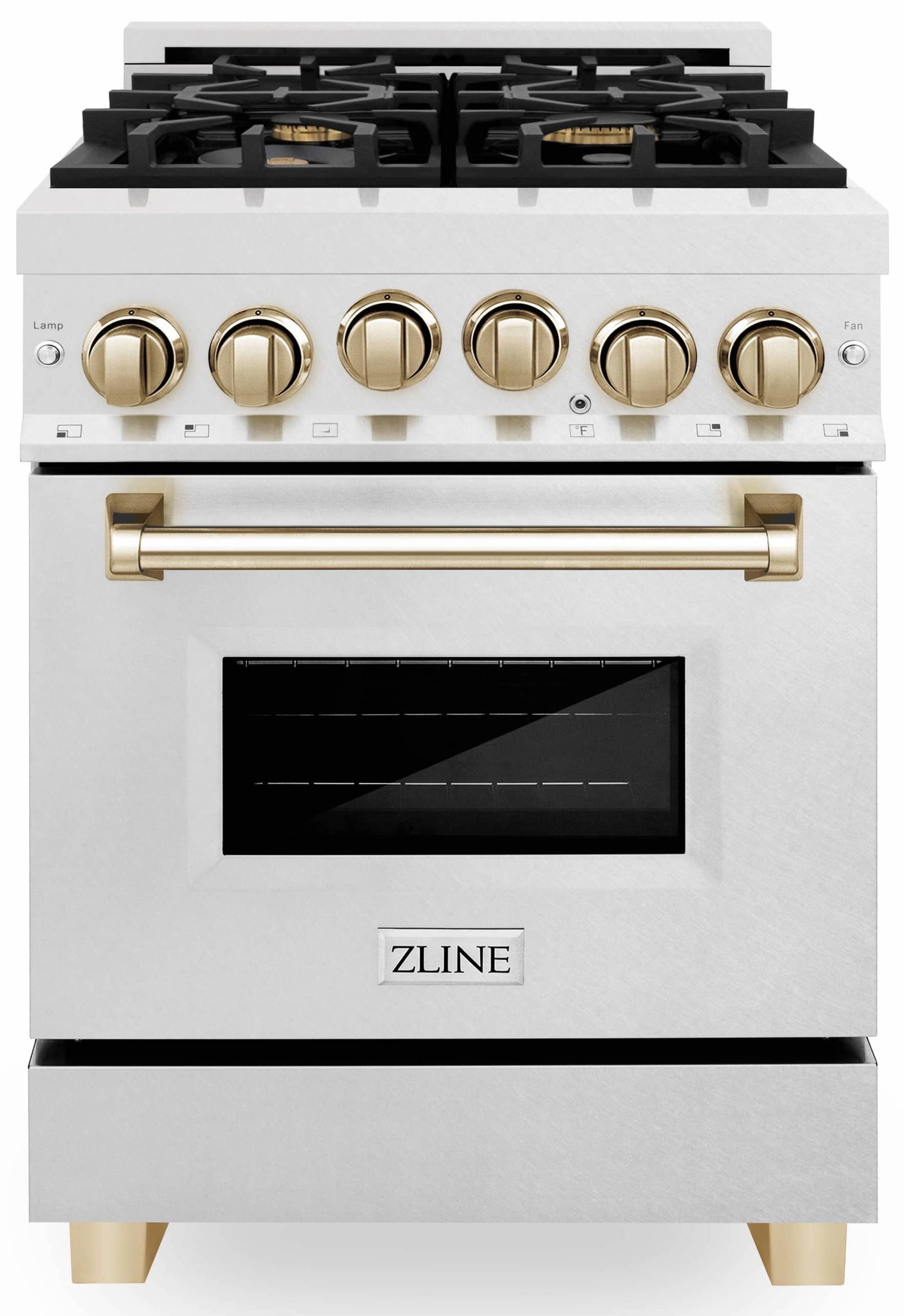 ZLINE Legacy Series Autograph Edition 24-inch Dual Fuel Range with Gas Stove and 2.8 Cu. Ft. Electric Oven in Fingerprint Resistant Satin Stainless Steel with Gold Accents (RASZ-SN-24-G) image 1