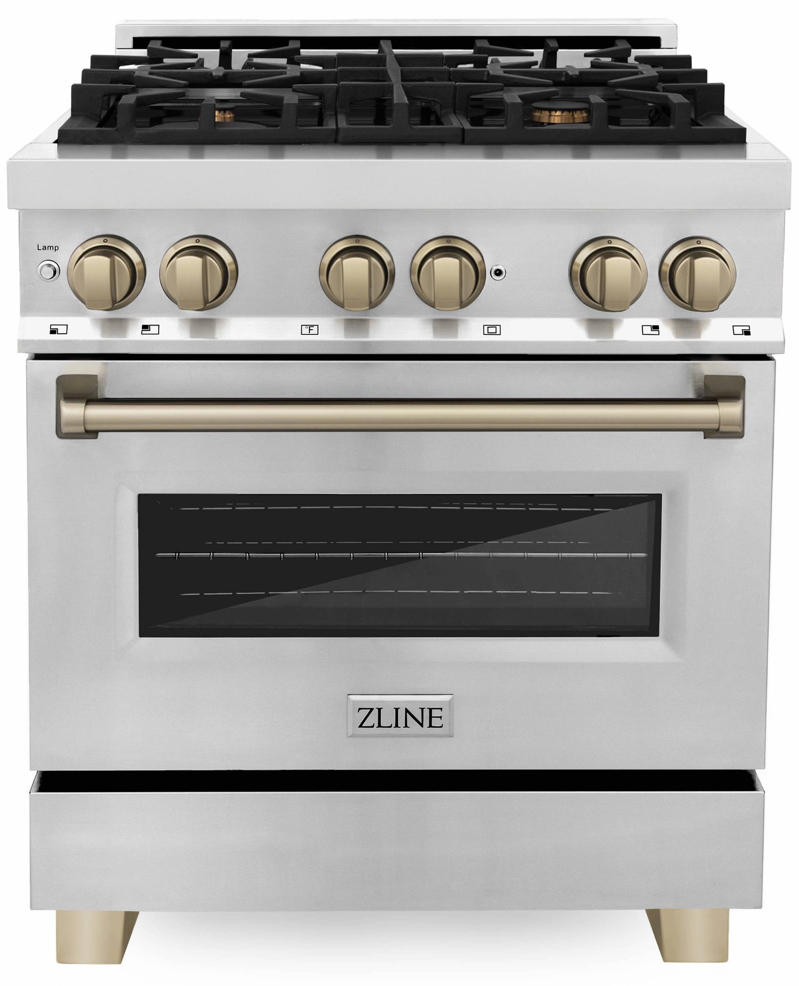ZLINE Legacy Series Autograph Edition 30-inch Dual Fuel Range with Gas Stove and 4.0 Cu. Ft. Electric Oven in Stainless Steel with Champagne Bronze Accents (RAZ-30-CB) image 1