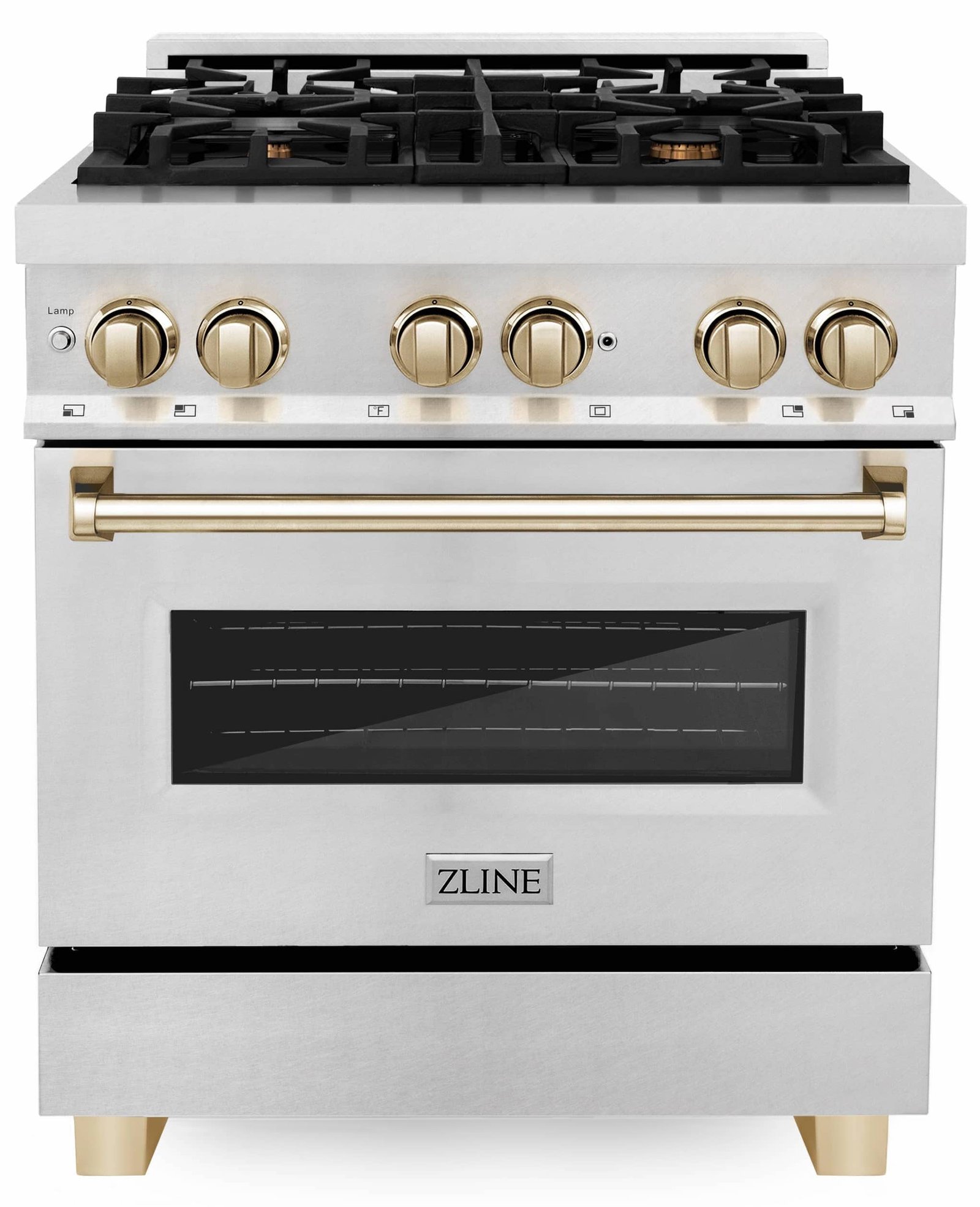 ZLINE Legacy Series Autograph Edition 30-inch Dual Fuel Range with Gas Stove and 4.0 Cu. Ft. Electric Oven in Fingerprint Resistant Satin Stainless Steel with Gold Accents (RASZ-SN-30-G) image 1