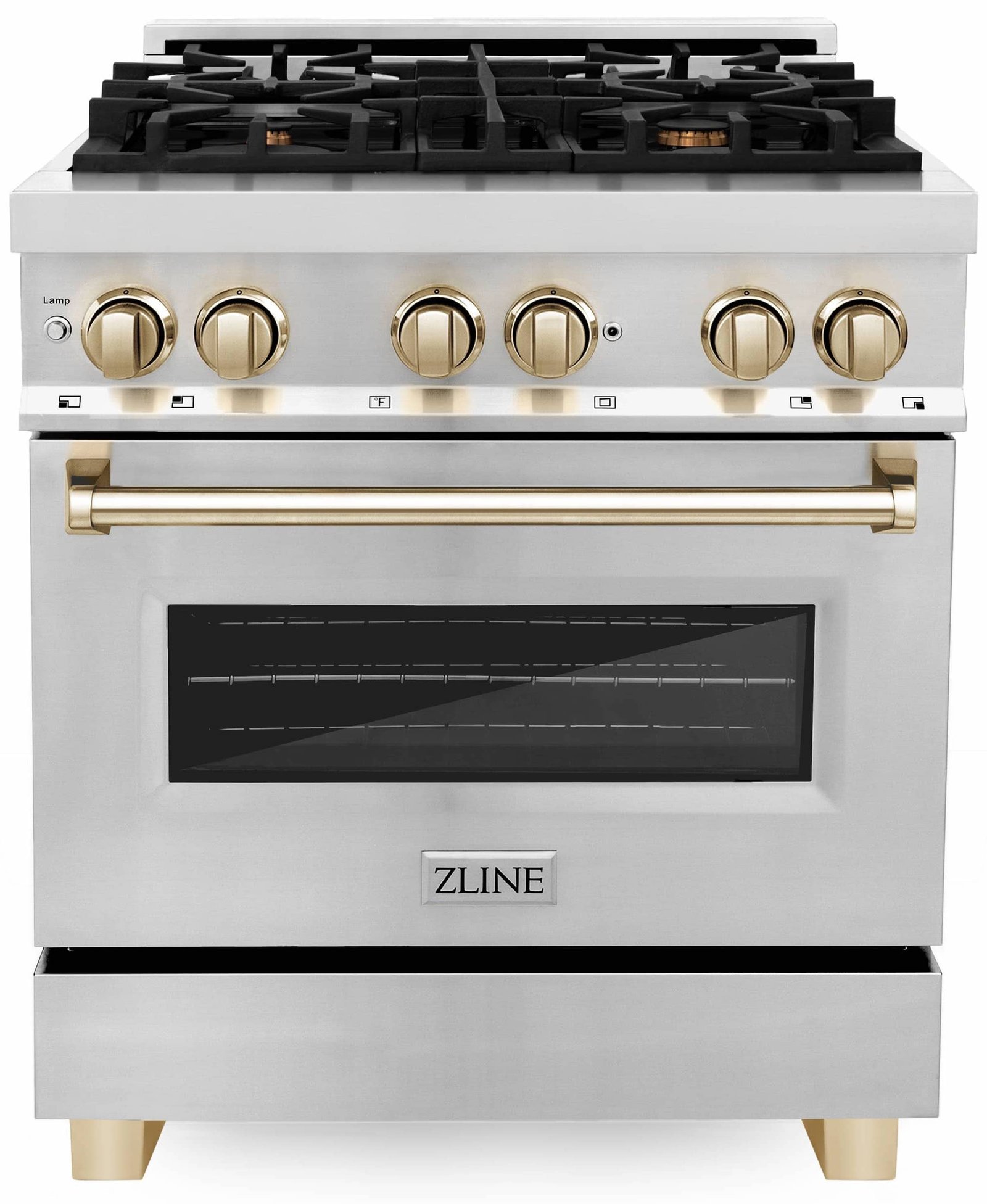 ZLINE Legacy Series Autograph Edition 30-inch Dual Fuel Range with Gas Stove and 4.0 Cu. Ft. Electric Oven in Stainless Steel with Gold Accents (RAZ-30-G) image 1