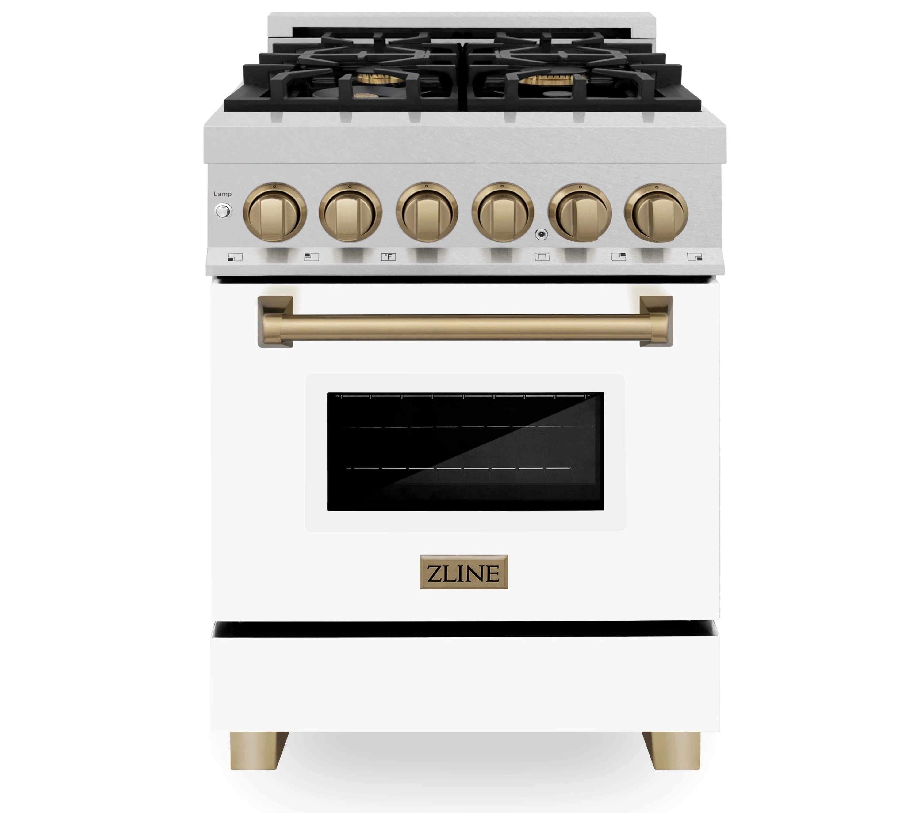 ZLINE Legacy Series Autograph Edition 24-inch Dual Fuel Range with Gas Stove and 2.8 Cu. Ft. Electric Oven in Fingerprint Resistant Satin Stainless Steel with White Matte Door and Champagne Bronze Accents (RASZ-WM-24-CB) image 1