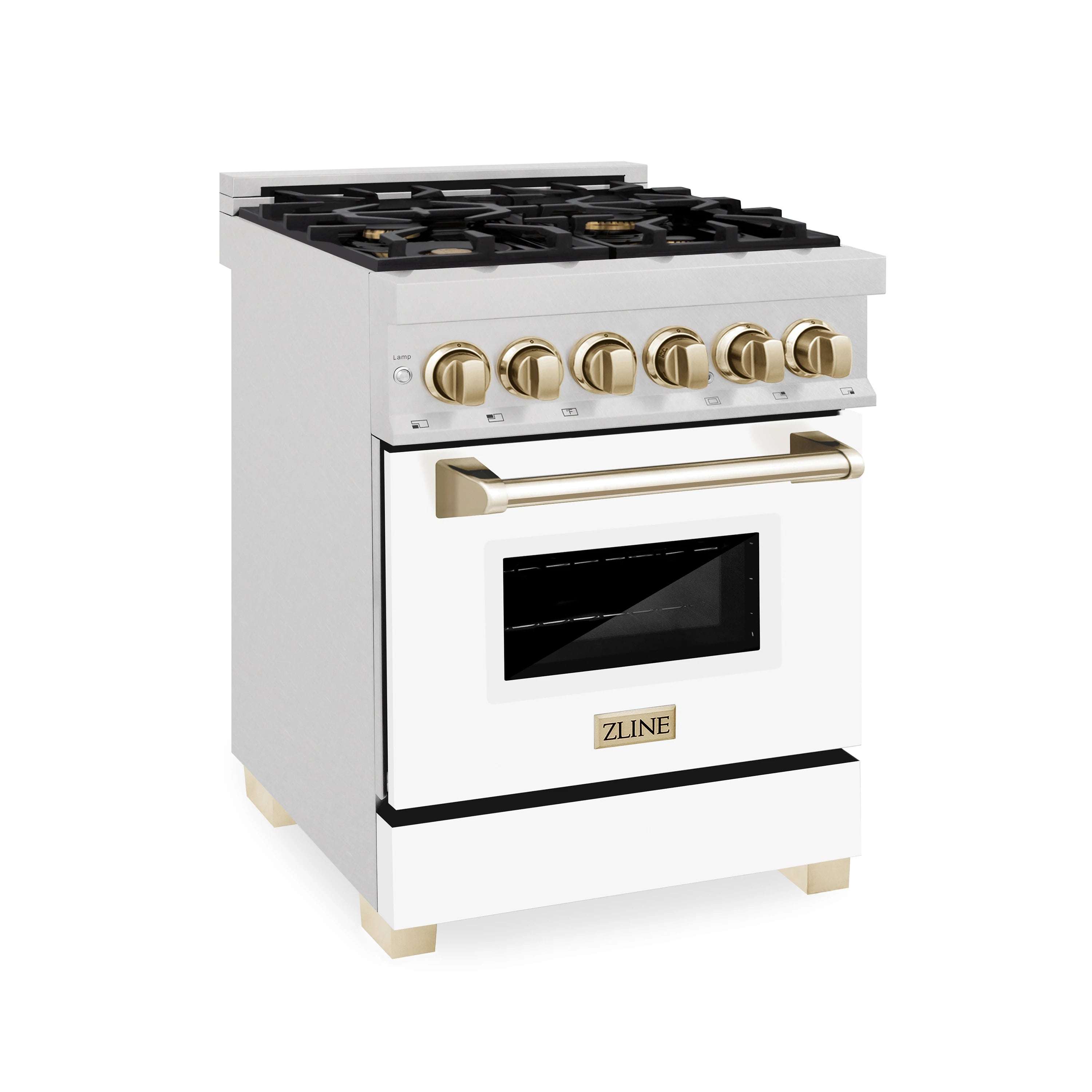ZLINE Legacy Series Autograph Edition 24-inch Dual Fuel Range with Gas Stove and 2.8 Cu. Ft. Electric Oven in Fingerprint Resistant Satin Stainless Steel with White Matte Door and Gold Accents (RASZ-WM-24-G) image 1