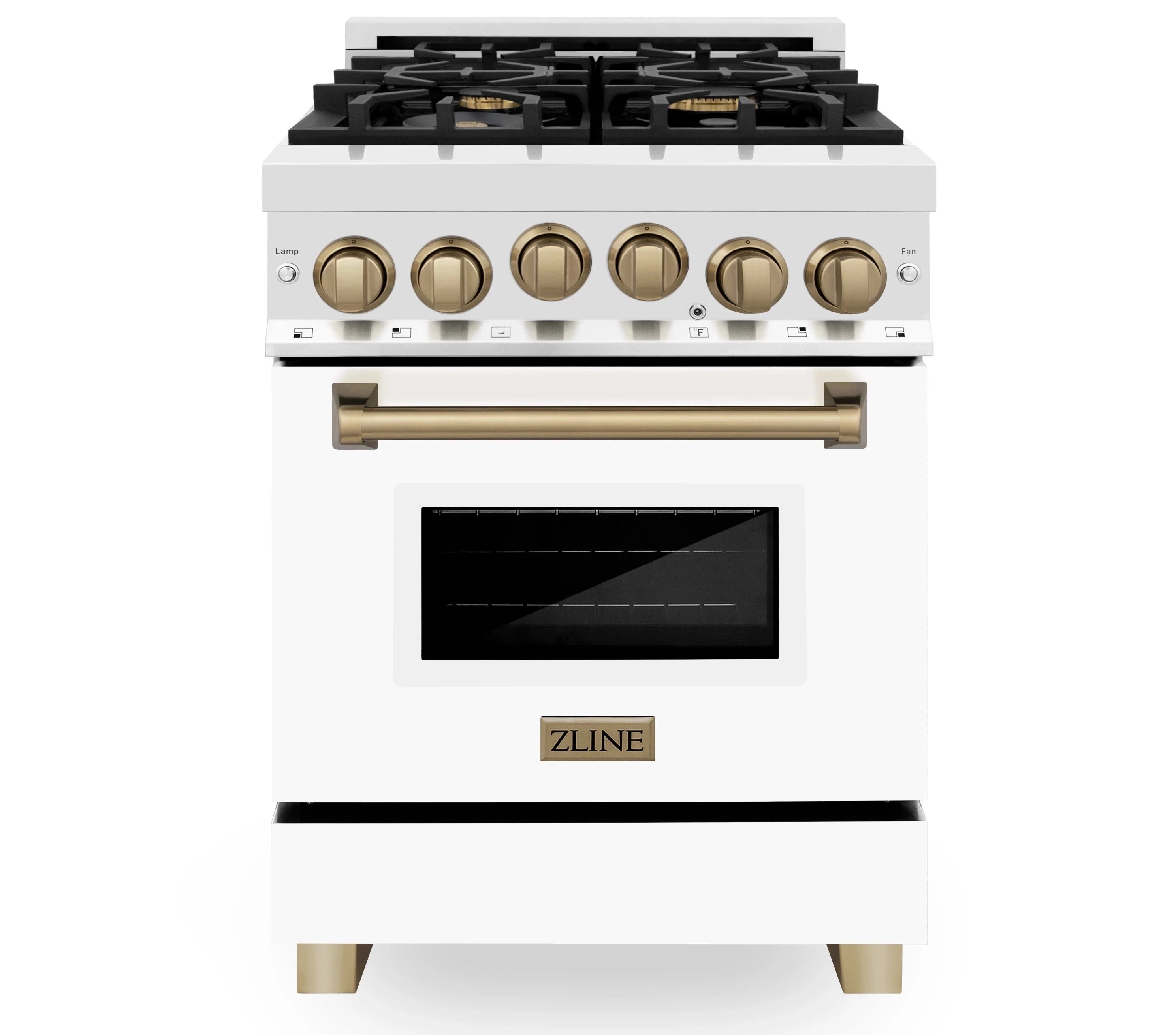 ZLINE Legacy Series Autograph Edition 24-inch Dual Fuel Range with Gas Stove and 2.8 Cu. Ft. Electric Oven in Stainless Steel with White Matte Door and Champagne Bronze Accents (RAZ-WM-24-CB) image 1