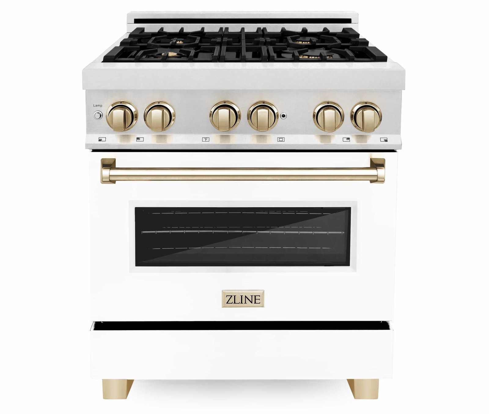 ZLINE Legacy Series Autograph Edition 30-inch Dual Fuel Range with Gas Stove and 4.0 Cu. Ft. Electric Oven in Fingerprint Resistant Satin Stainless Steel with White Matte Door and Gold Accents (RASZ-WM-30-G) image 1