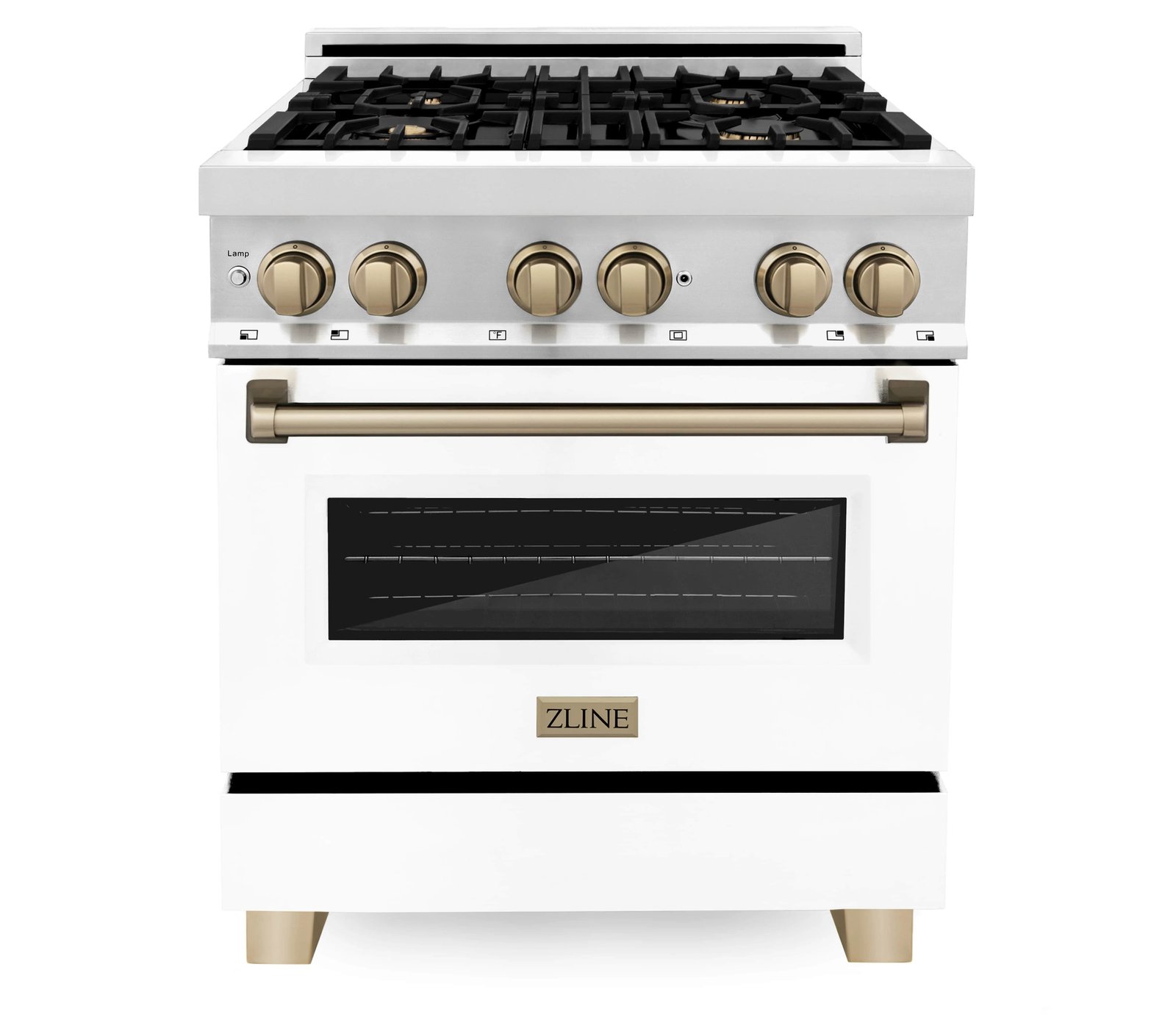 ZLINE Legacy Series Autograph Edition 30-inch Dual Fuel Range with Gas Stove and 4.0 Cu. Ft. Electric Oven in Stainless Steel with White Matte Door and Champagne Bronze Accents (RAZ-WM-30-CB) image 1