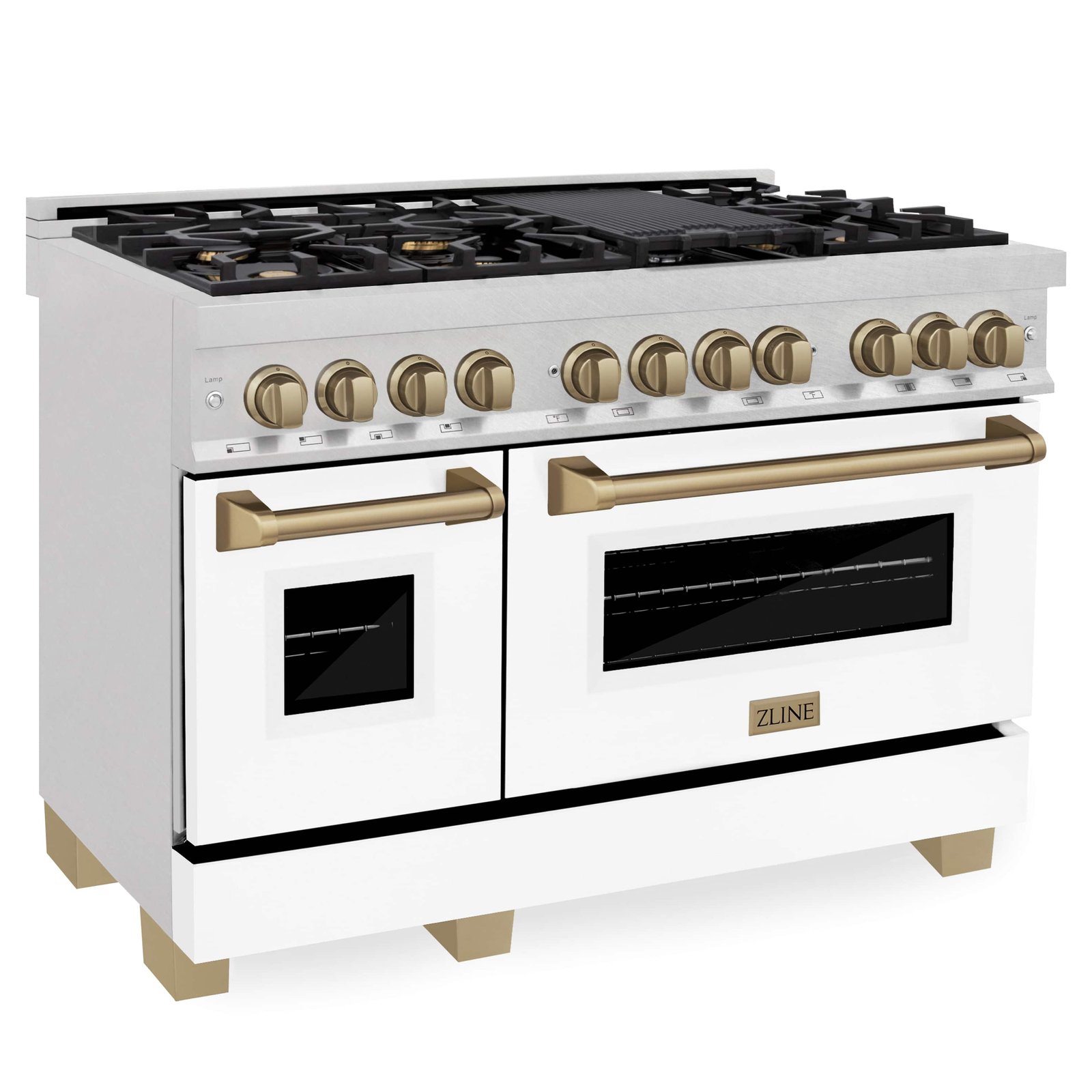 ZLINE Legacy Series Autograph Edition 48-inch Dual Fuel Range with Gas Stove and 6.0 Cu. Ft. Electric Oven in Fingerprint Resistant Satin Stainless Steel with White Matte Door and Champagne Bronze Accents (RASZ-WM-48-CB) image 1