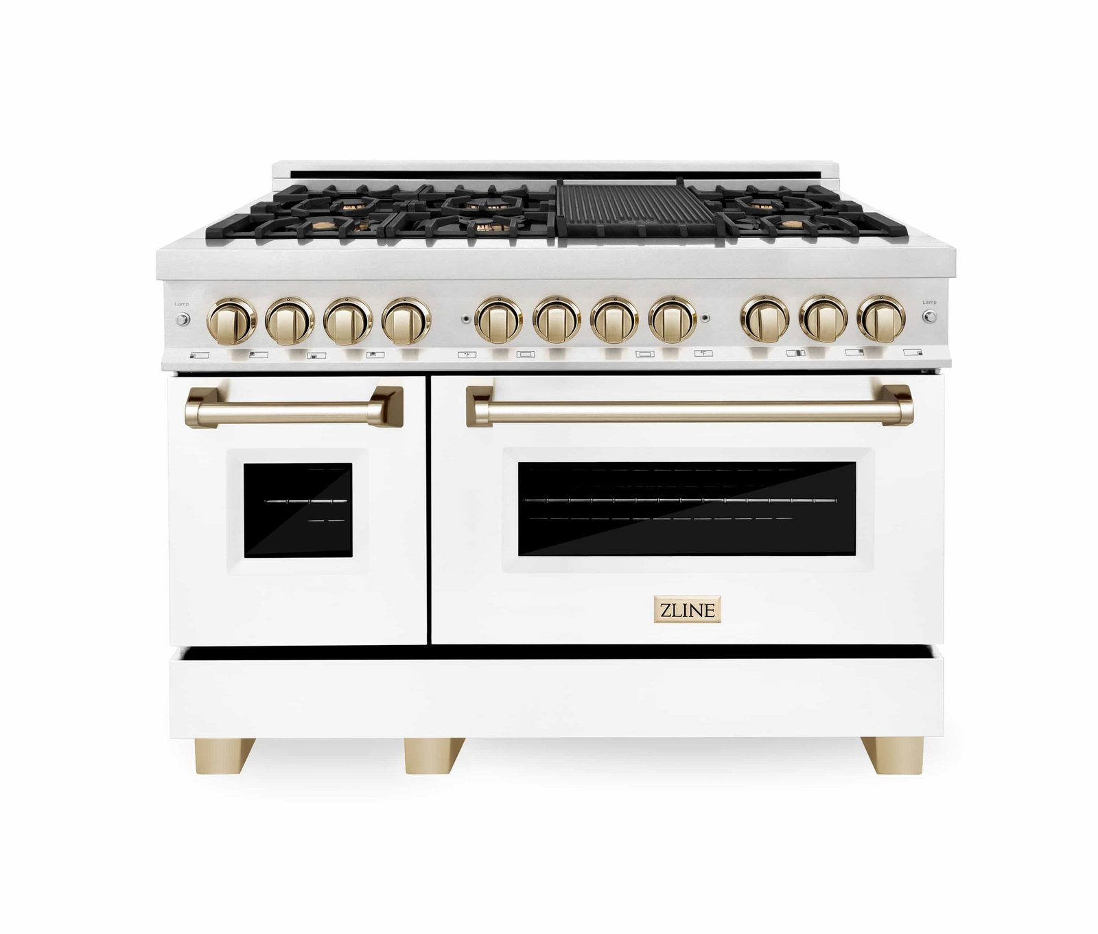 ZLINE Legacy Series Autograph Edition 48-inch Dual Fuel Range with Gas Stove and 6.0 Cu. Ft. Electric Oven in Fingerprint Resistant Satin Stainless Steel with White Matte Door and Gold Accents (RASZ-WM-48-G) image 1