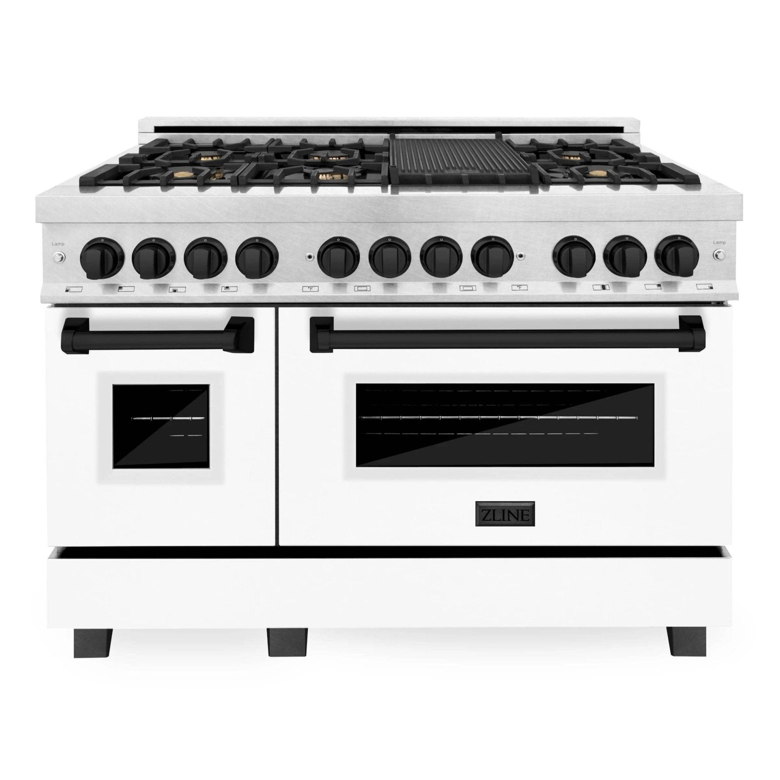 ZLINE Legacy Series Autograph Edition 48-inch Dual Fuel Range with Gas Stove and 6.0 Cu. Ft. Electric Oven in Fingerprint Resistant Satin Stainless Steel with White Matte Door and Matte Black Accents (RASZ-WM-48-MB) image 1