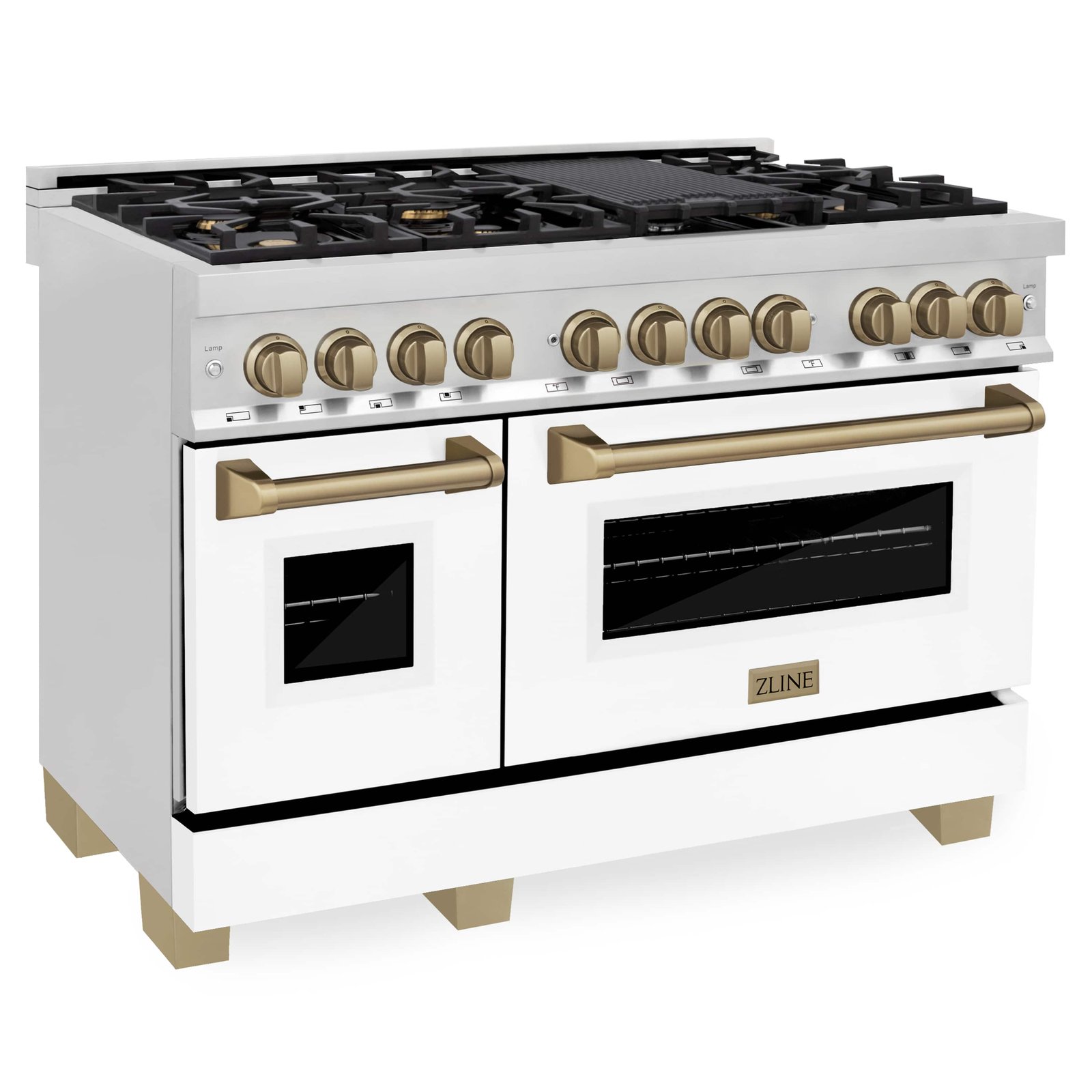 ZLINE Legacy Series Autograph Edition 48-inch Dual Fuel Range with Gas Stove and 6.0 Cu. Ft. Electric Oven in Stainless Steel with White Matte Door and Champagne Bronze Accents (RAZ-WM-48-CB) image 1