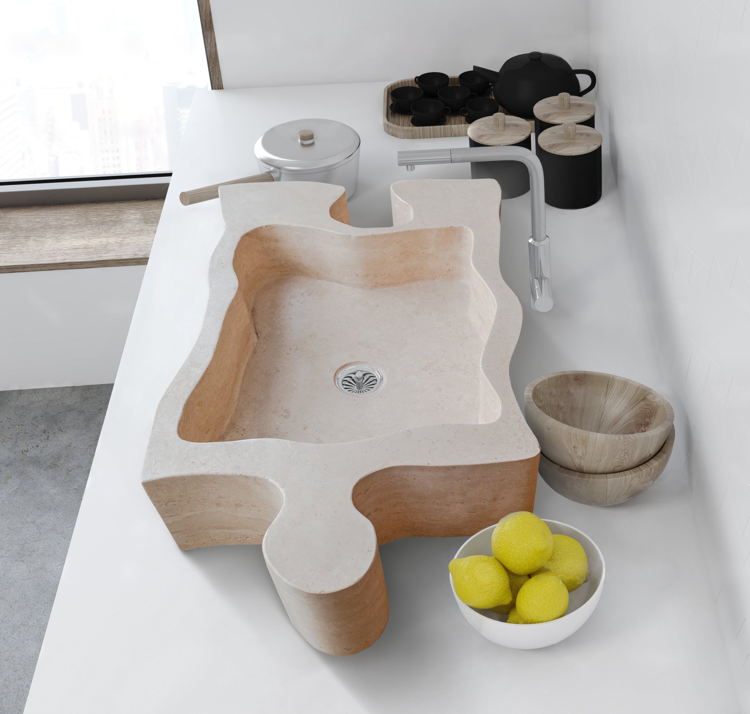 Natural Stone Beige Travertine Above Vanity Puzzle Shape Bathroom Sink image 1