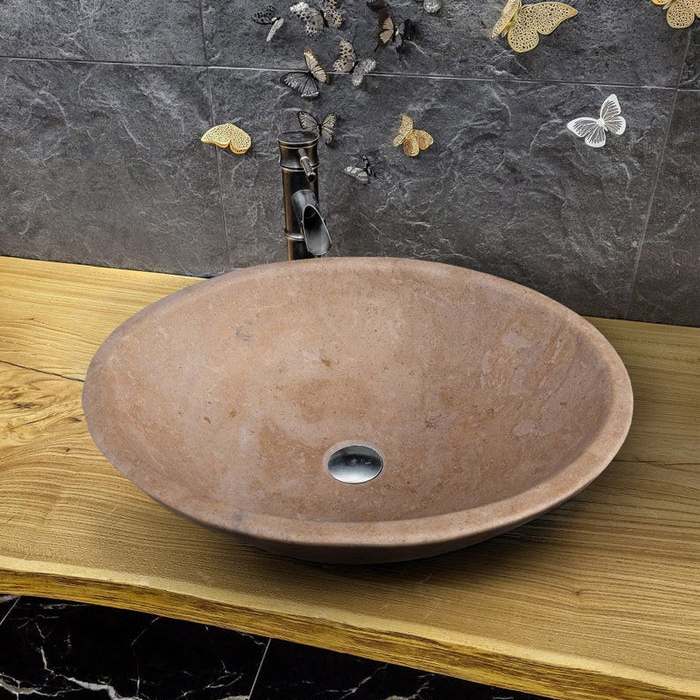 Karina Walnut Travertine Natural Stone Oval Shape Above Vanity Bathroom Vessel Sink image 1