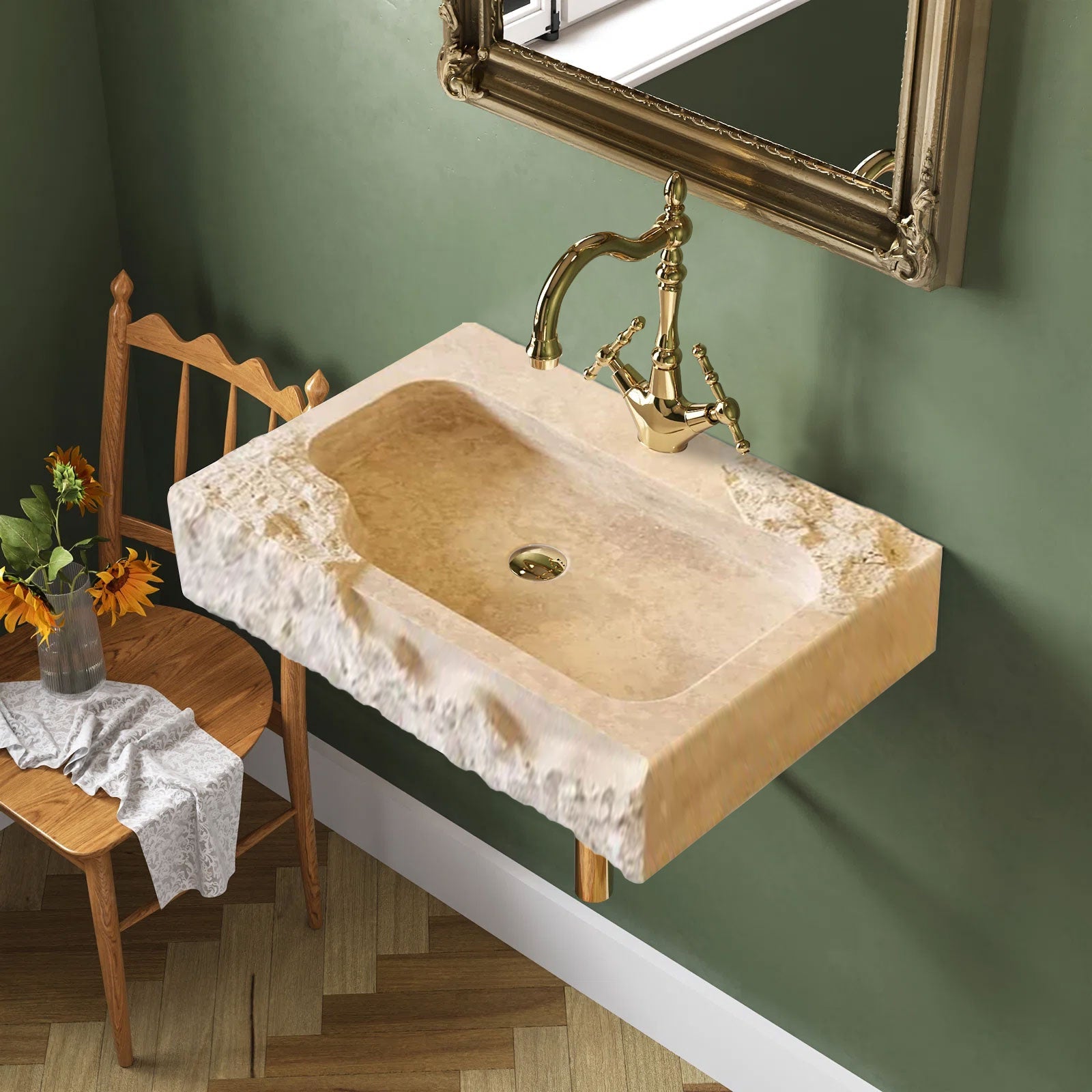 Beige Travertine Rectangular Wall-mount Bathroom Sink Rustic (W)16
