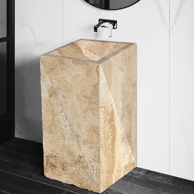 Walnut Travertine Pedestal Stand-alone Rectangular Prism Sink Honed (W)14