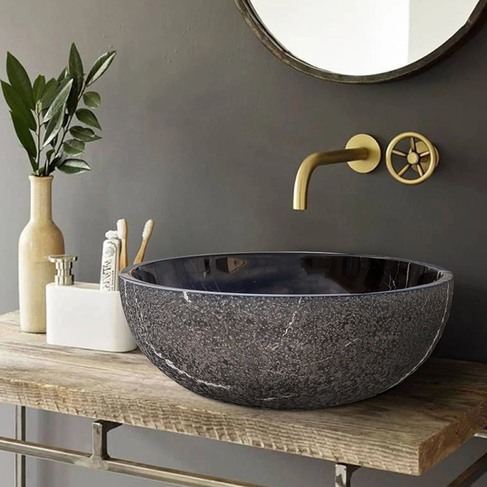 Toros Black Marble Above-Vanity Bathroom Vessel Sink Rough Exterior (D)16