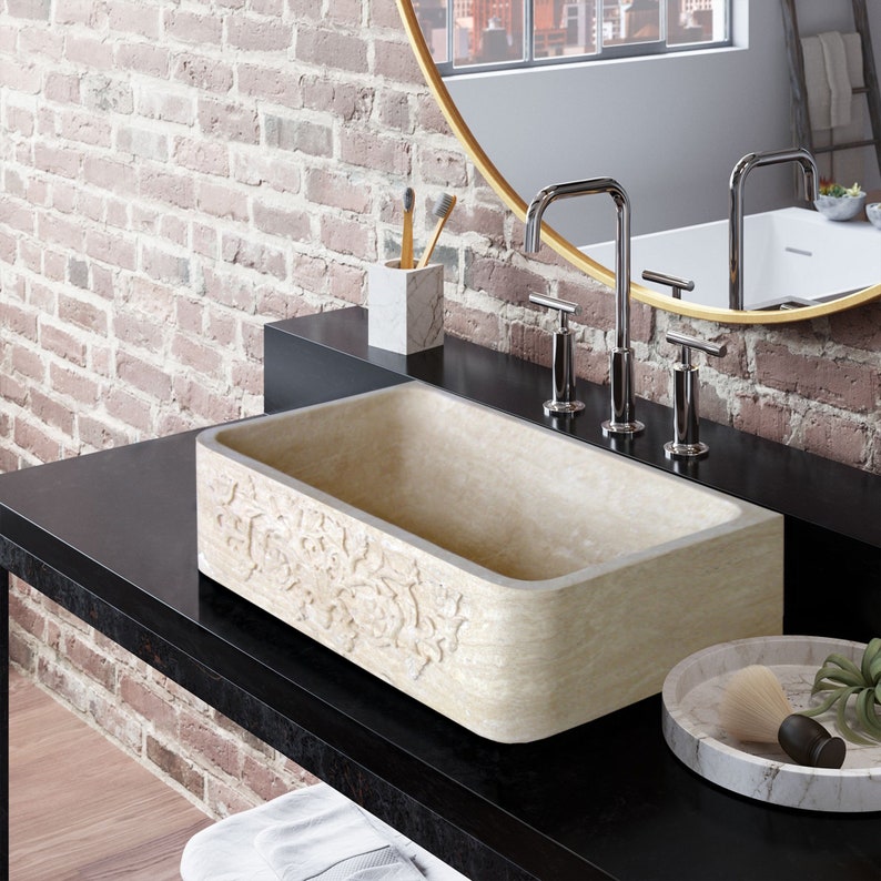 Troia Light Travertine Farmhouse Hand-carved Vine Design Apron Kitchen Sink (W)18