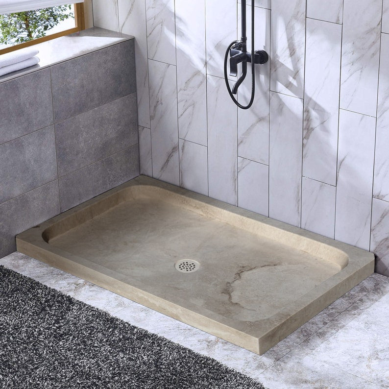 Troia Light Travertine Rectangular Shower Base Hand-carved from Solid Block (W)32