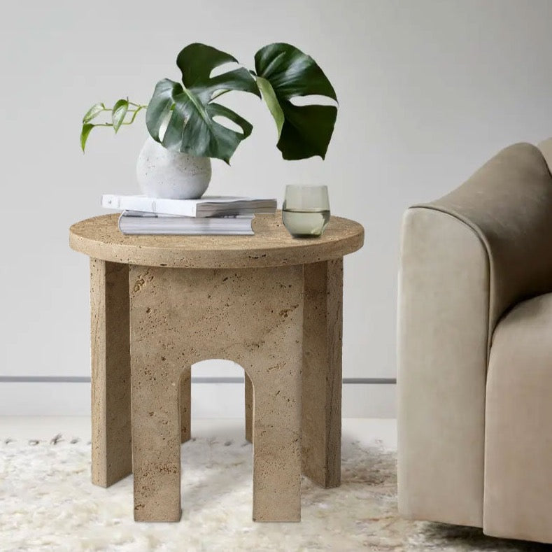 Troia Light Travertine Round End/Side Table U Shape Legs Unfilled, Honed (D)18