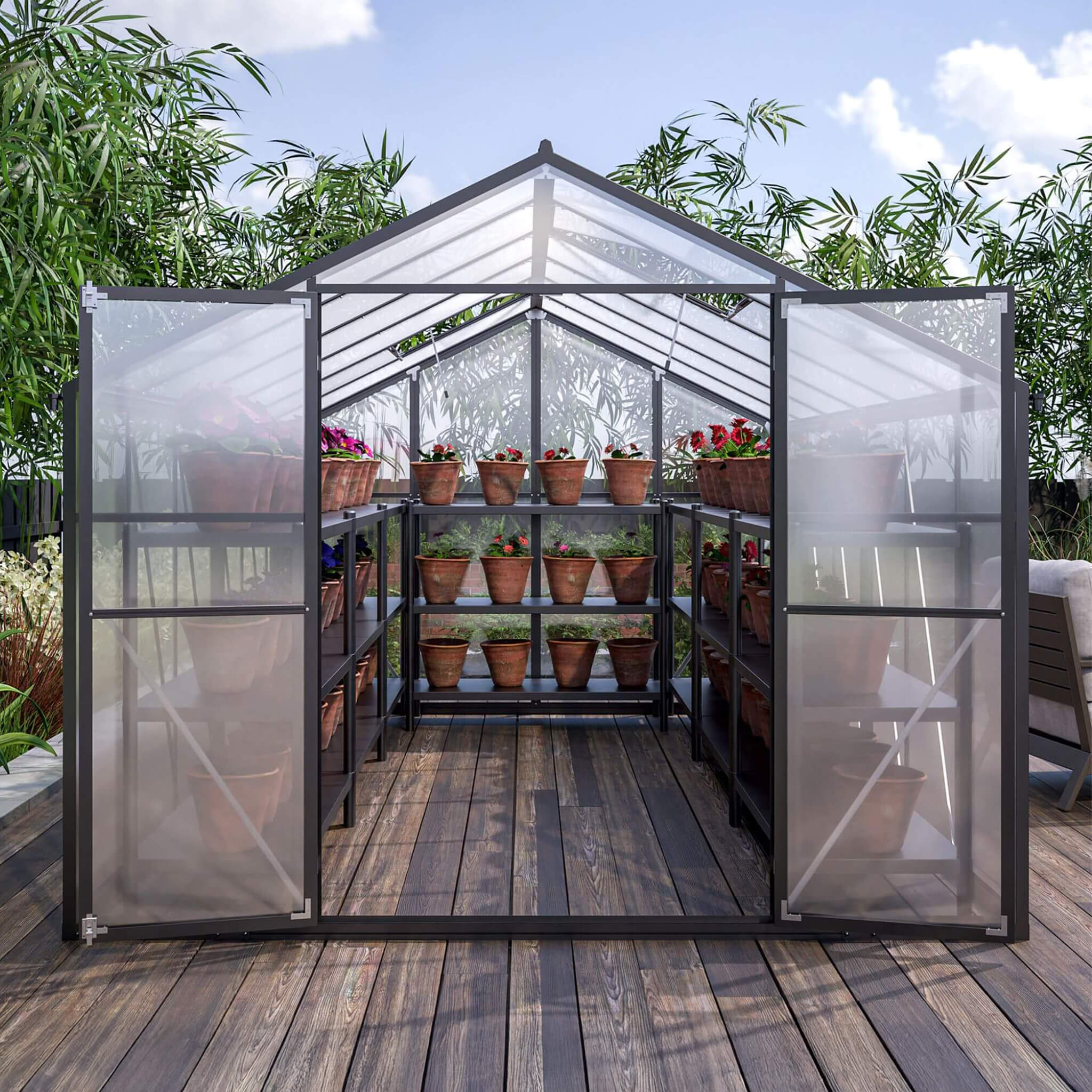 [08X12FT] Large Outdoor Heavy Duty Polycarbonate Walk-In Greenhouse With Double Swing Doors And Two Ventilation Windows (SAK73651) image 1