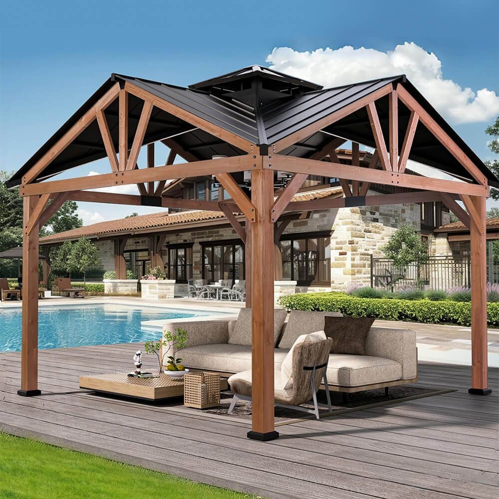 [12x12FT] Premium Outdoor Cedar Wood Hardtop Gazebo With Galvanized Steel Roof (SAK31864) image 1