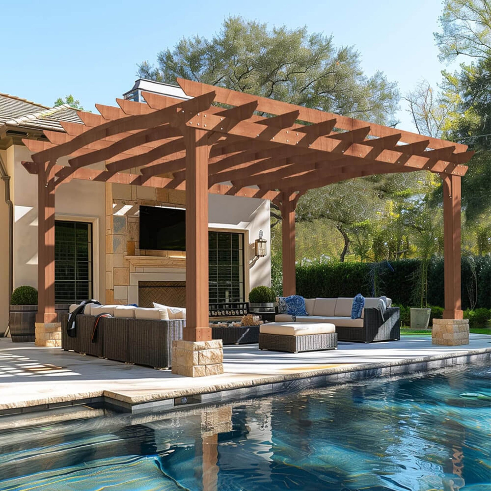 [12x14FT] Luxury Outdoor All-Season Backyard Cedar Wood Gazebo Pergola With Arched Roof And Stakes For Patios (SAK68194) image 1