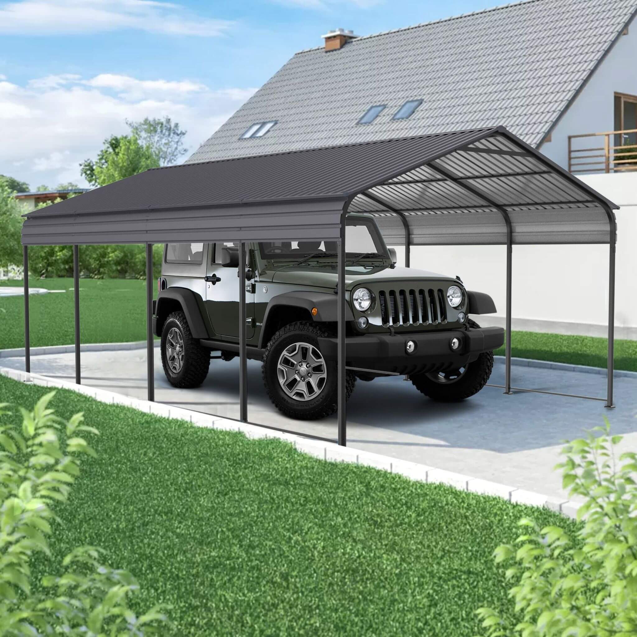 [12X20FT] Heavy Duty Metal Carport With Galvanized Steel Roof For Car, Boats And Trucks, Gray (SAK95562) image 1