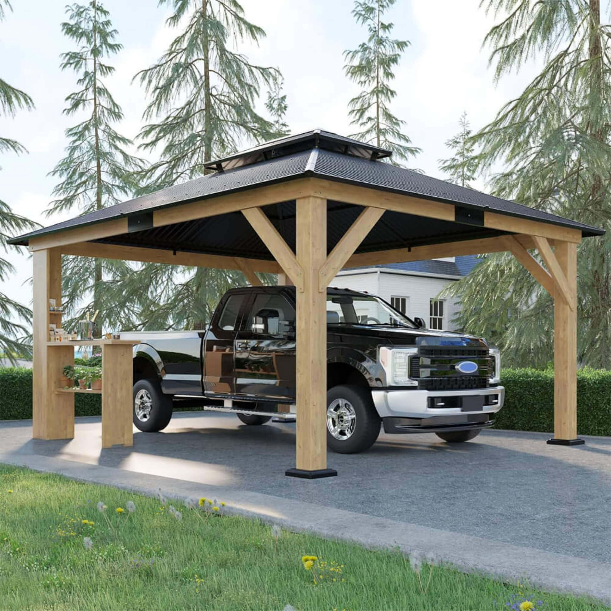 [13x15FT] Premium Outdoor All-Season Wooden Cedar Hardtop Gazebo Carport With Double Iron Roof (SAK35187) image 1
