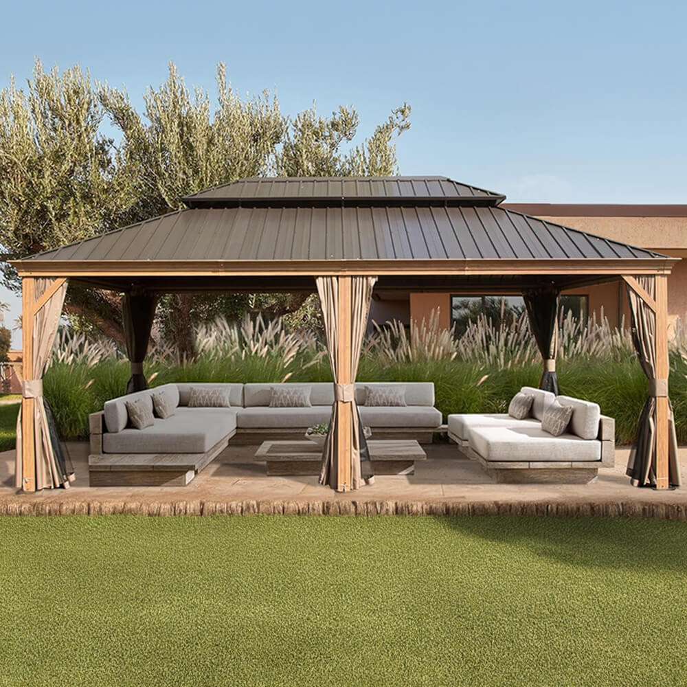 [14x24FT] Heavy Duty Aluminum Galvanized Steel Double Roof Hardtop Gazebo With Netting And Curtains (SAK41853) image 1