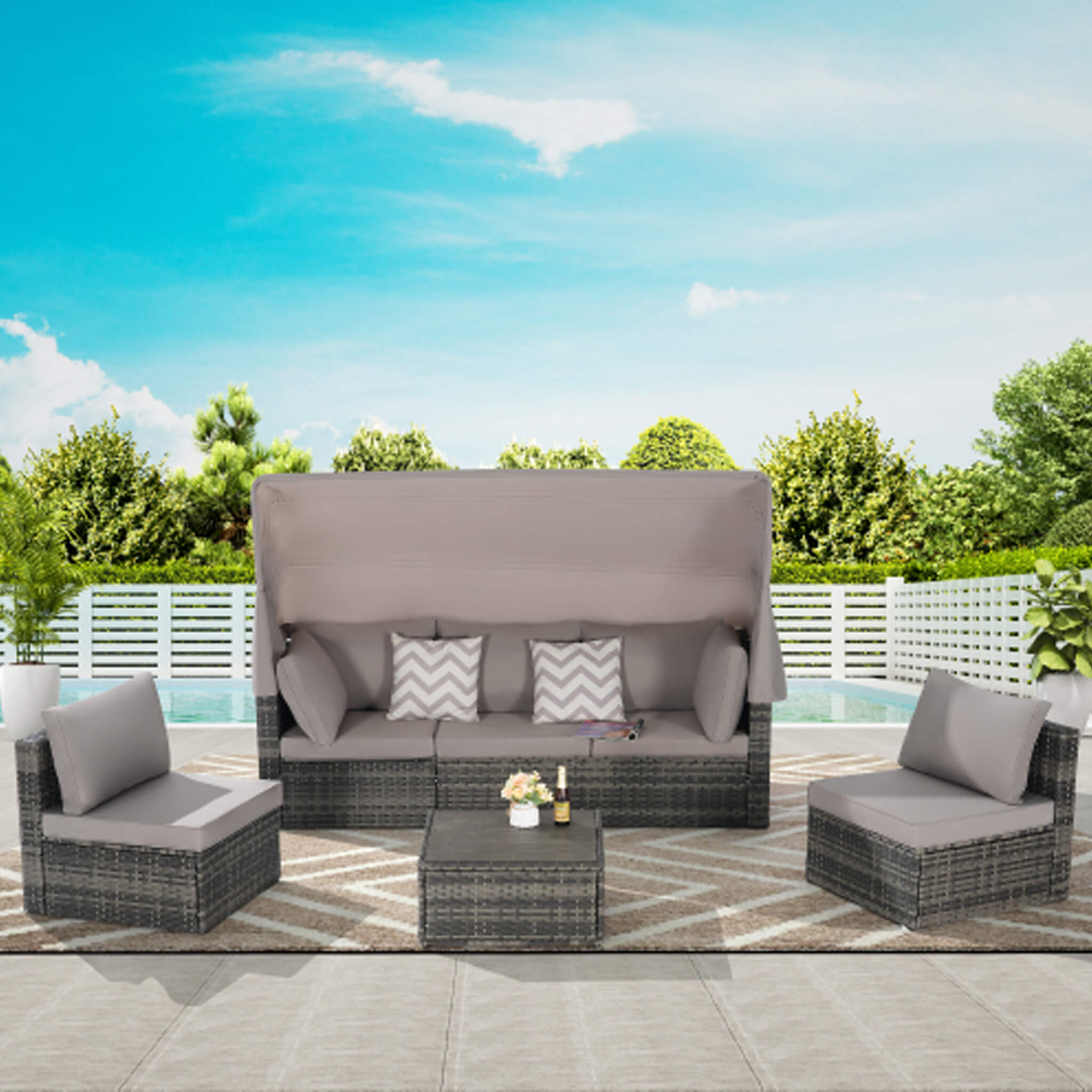 5 PCS Outdoor Patio Wicker Daybed Furniture Set With Retractable Canopy (SAK37816) image 1
