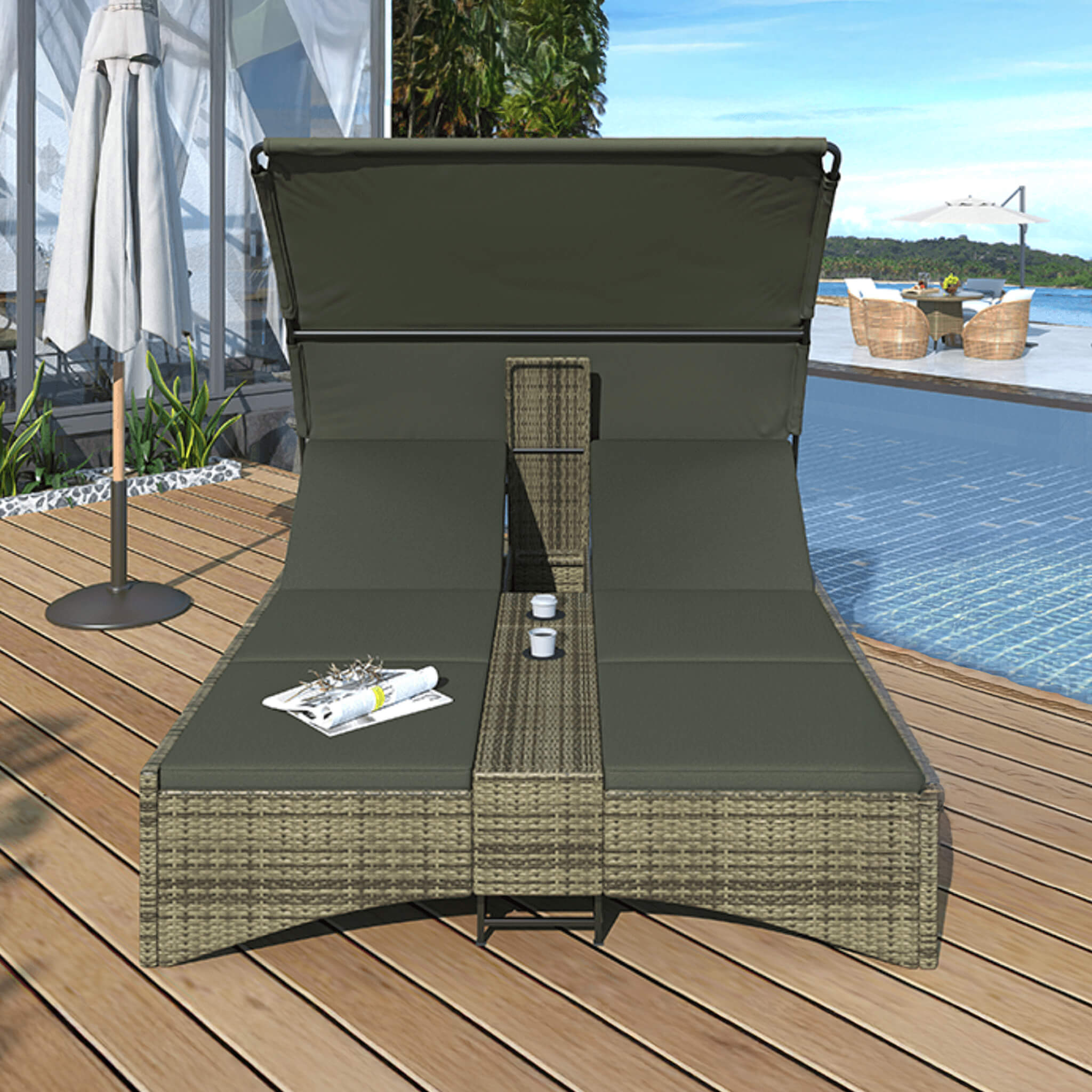 Outdoor Rattan Patio Daybed With Adjustable Backrest, Canopy Roof, Storage Box And Cup Holders (SAK54220) image 1