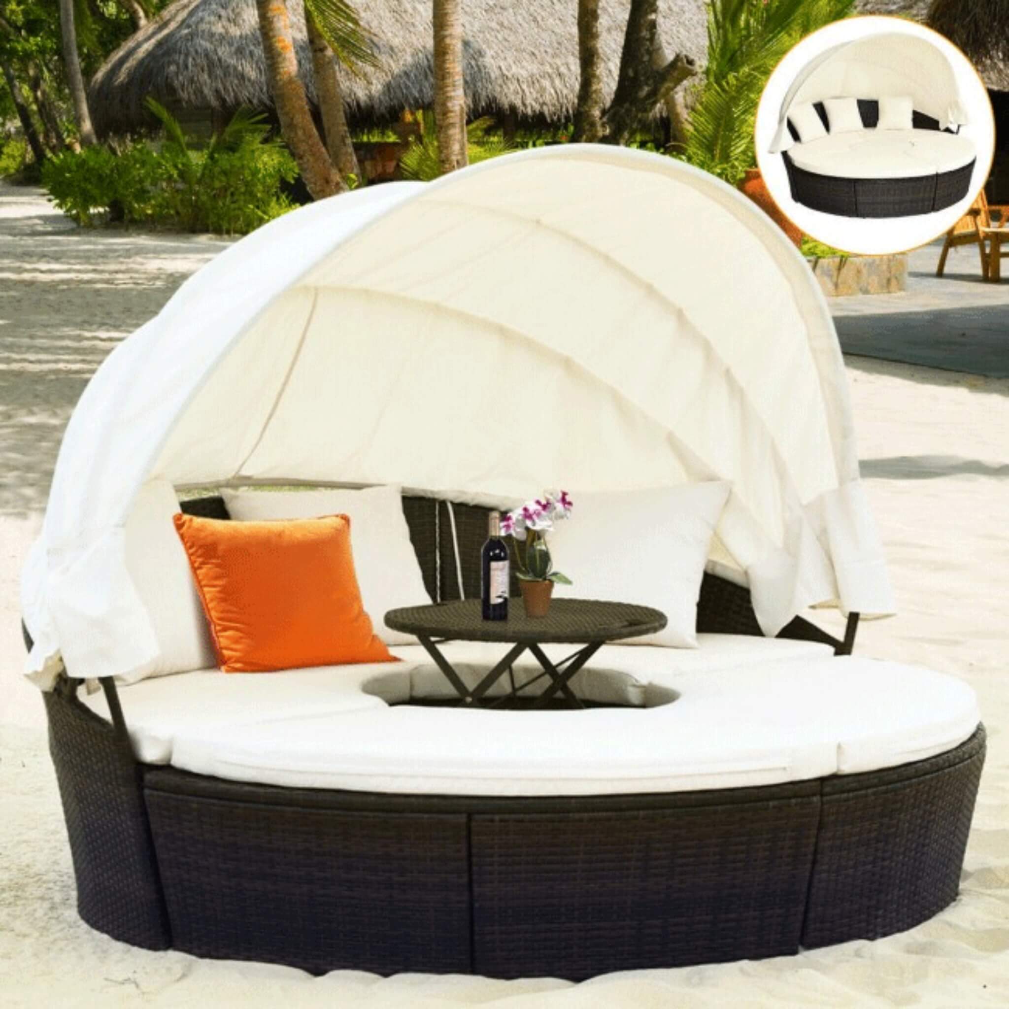 Premium Round Outdoor Patio Rattan Daybed W/ Canopy & Table, 76