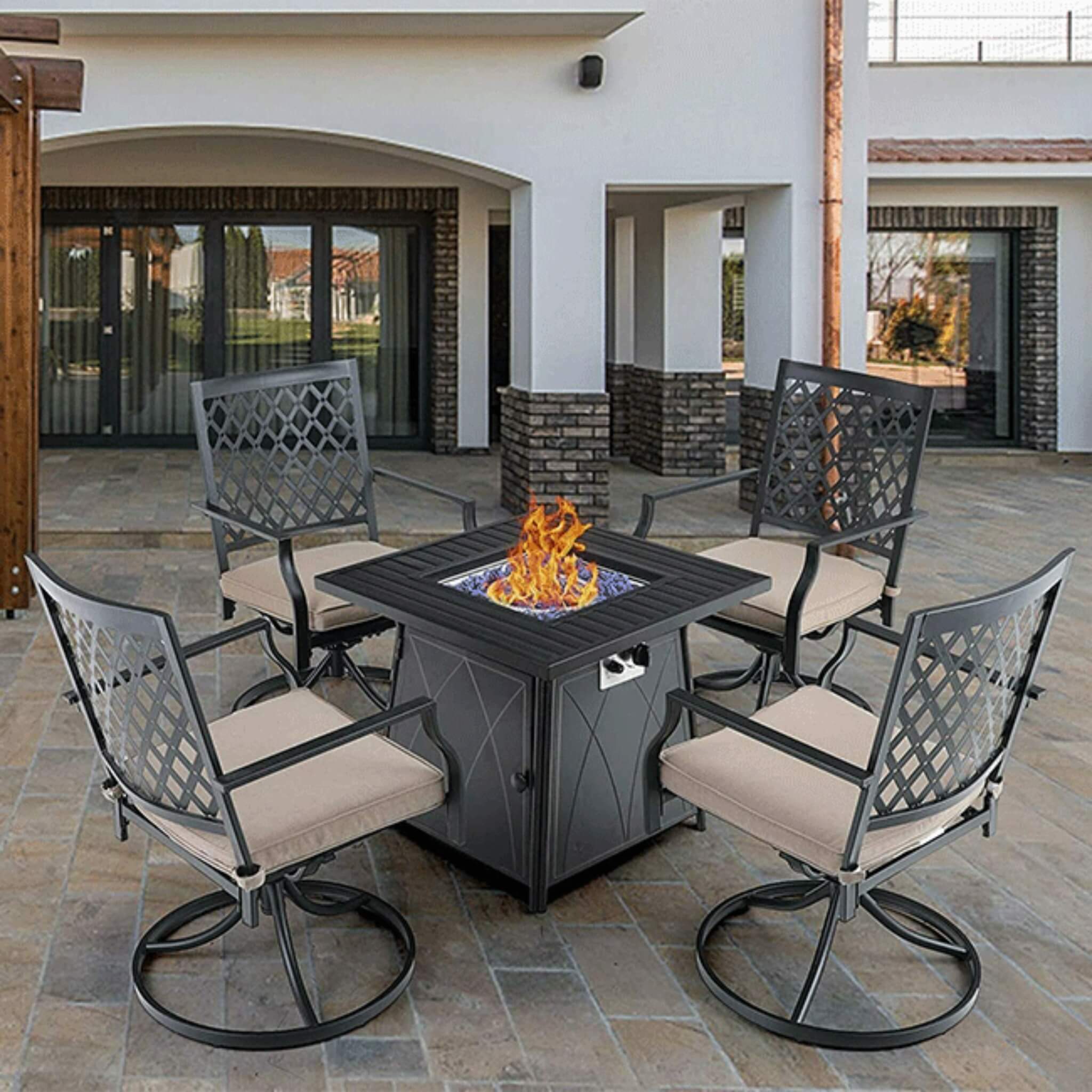 Sophia & William Outdoor Gas Fire Pit Table Set W/ Cushioned Swivel Dining Chairs, 5PCS (SAK63872) image 1