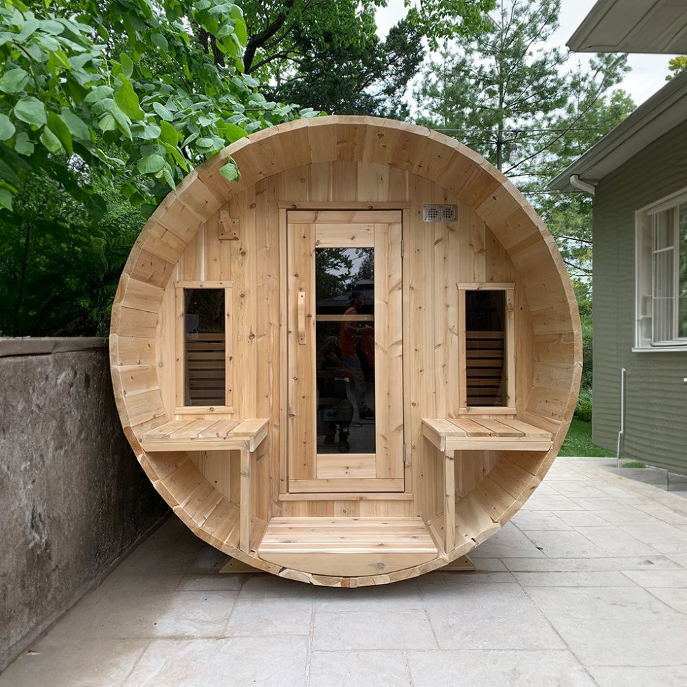 Dundalk Leisurecraft 6-Person Canadian Timber Tranquility Barrel Sauna With Front Porch [CTC2345] (SAK96814) image 1