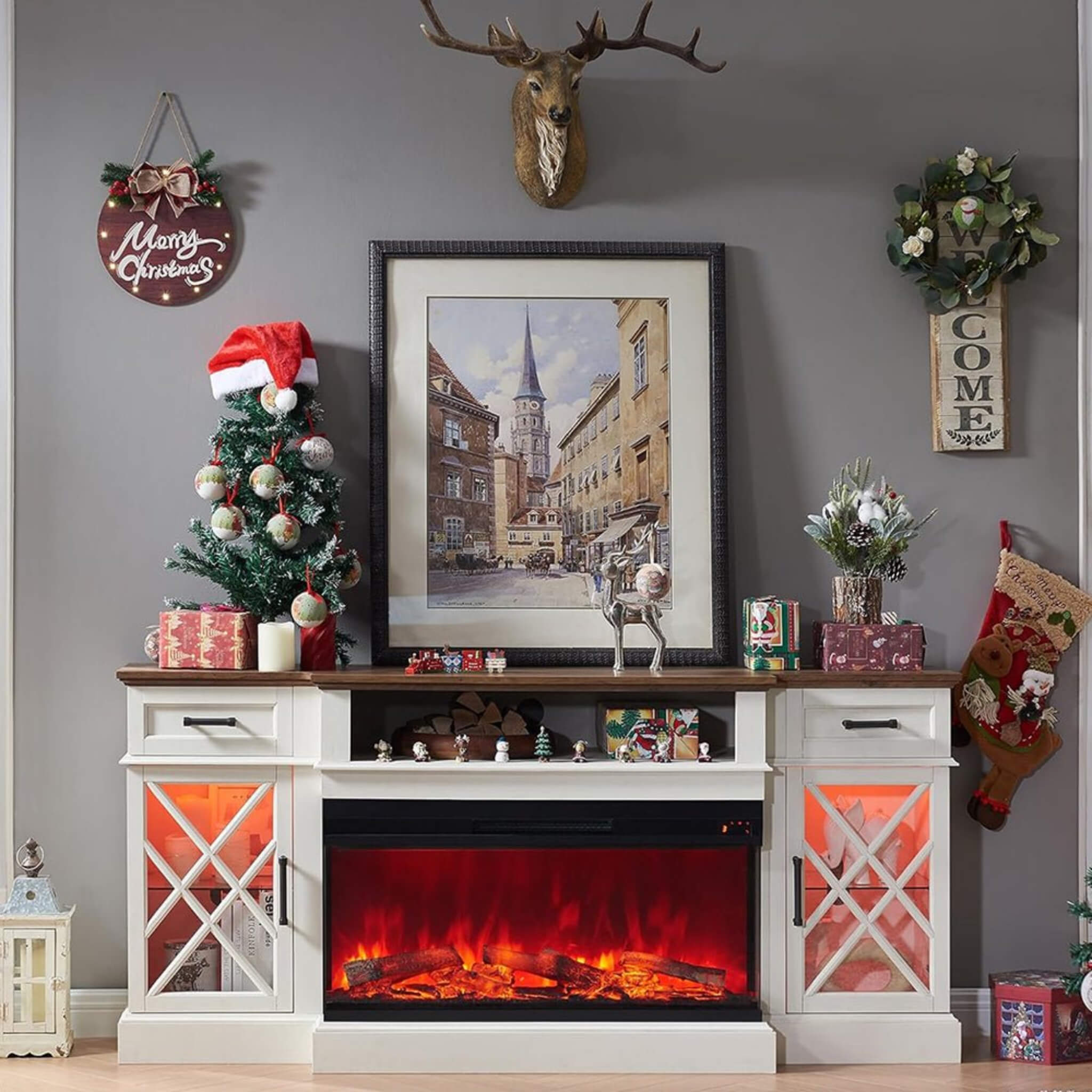 Electric Fireplace TV Stand With Glass Door Storage Cabinet, 70